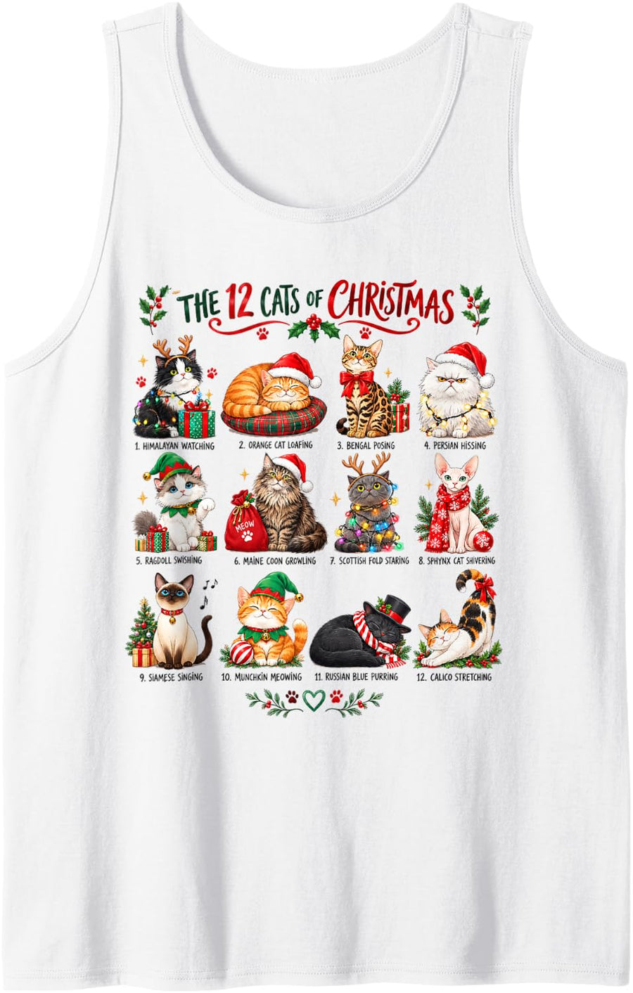 Cute Christmas Cat Lover 12 Festive Kitties Mom Dad Holiday Sleeveless Tank Top - White