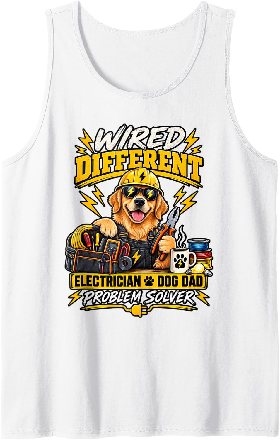 Men's Funny Electrician Dog Dad, Wired Different Problem Sleeveless Tank Top - White