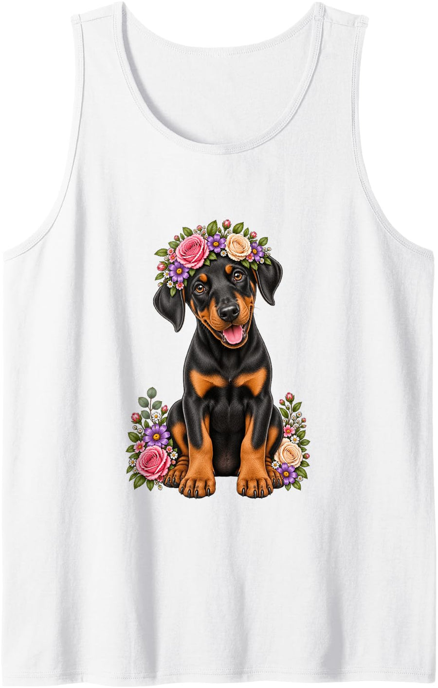 Dobermann Cute Floral Puppy Crown Flowers Sleeveless Tank Top - White