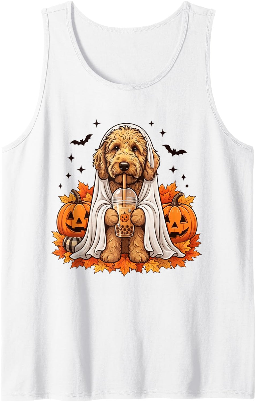 Goldendoodle Ghost and Boba Cute Halloween Dog Humor Funny Tank Top - White