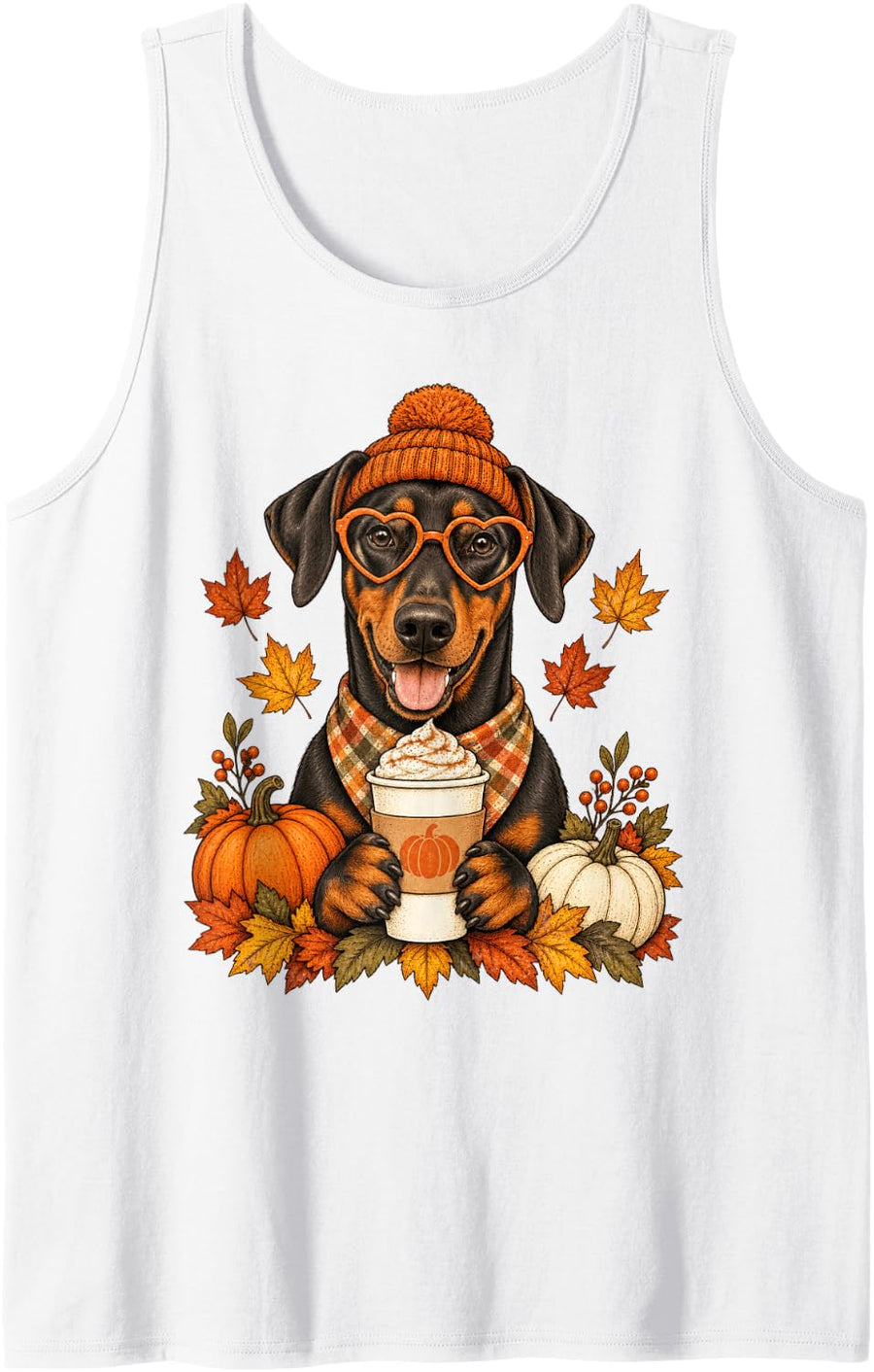 Doberman Pinscher Fall Autumn Season Pumpkin Spice Dobie Dog Sleeveless Tank Top - White
