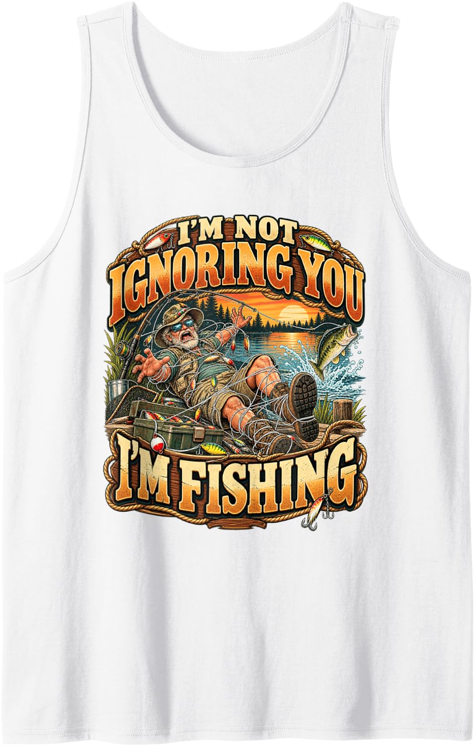 I'm Not Ignoring You I'm Fishing Funny Fisherman Grandpa Sleeveless Tank Top - White