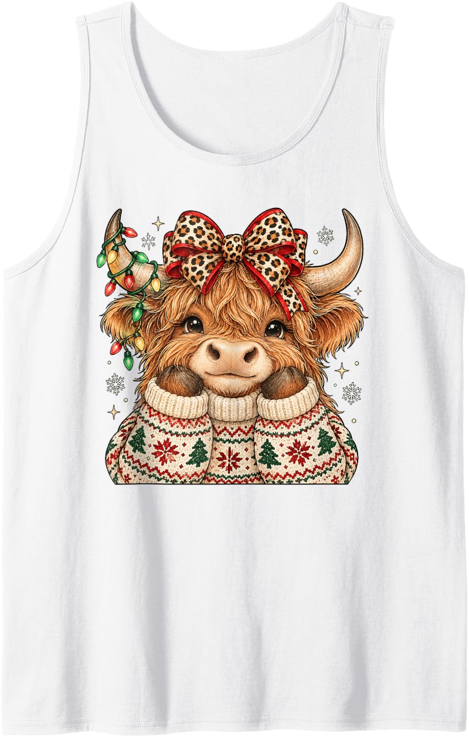 Highland Cow Leopard Bow Christmas Lights Sweater Funny Sleeveless Tank Top - White
