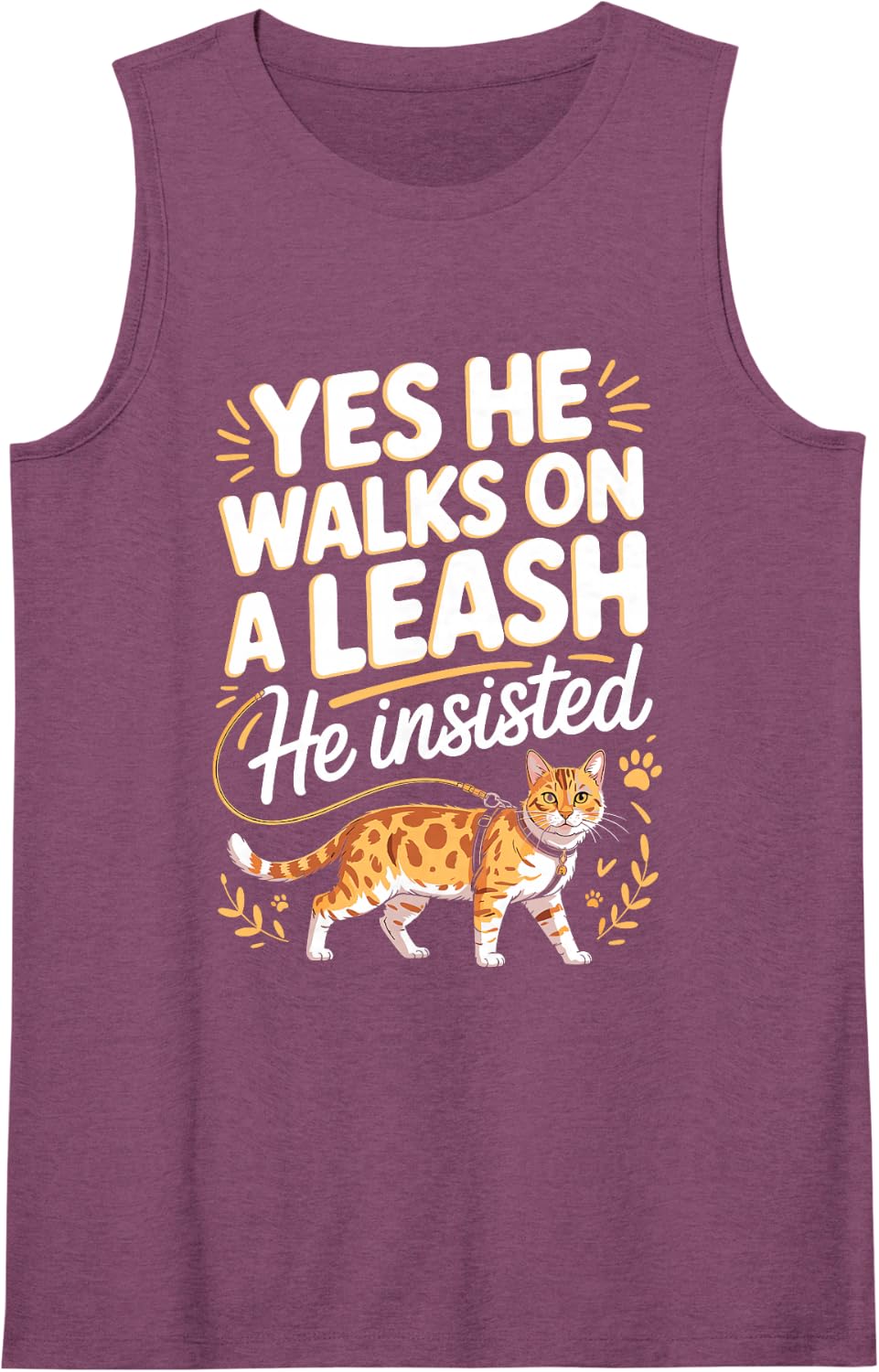 Yes He Walks On A Leash He Insisted Bengal Cat Sleeveless Tank Top - Purple