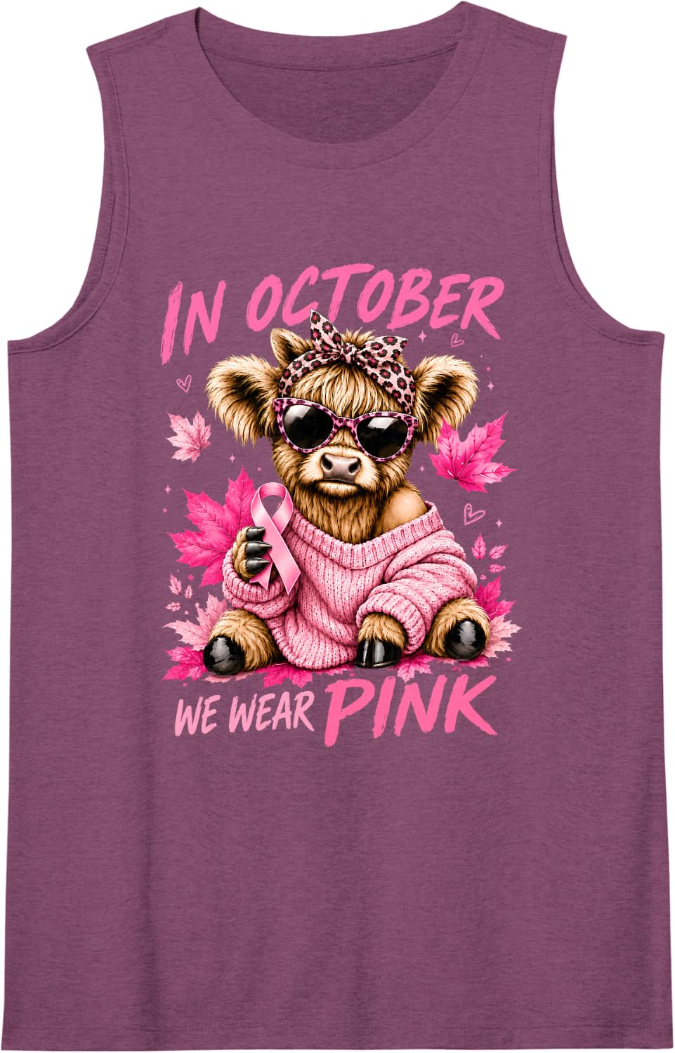 in October We Wear Pink Highland Cow Autumn Breast Cancer Sleeveless Tank Top - Purple