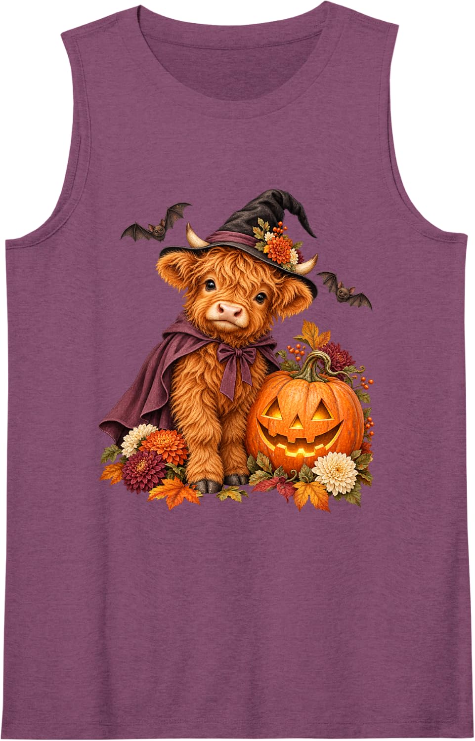 Cute Highland Cow Witch Costume Halloween Jack O Lantern Sleeveless Tank Top - Purple