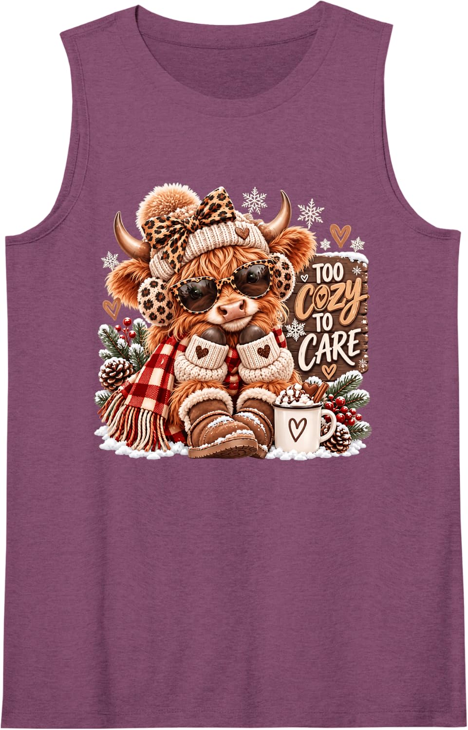 Too Cozy to Care Funny Winter Highland Cow Christmas Sleeveless Tank Top - Purple
