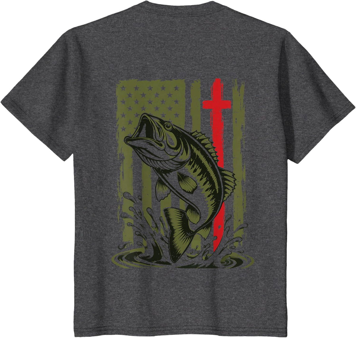 Mens Christian Fishing American Flag Camo Bass Fishing Cross T-Shirt - Dark Heather Grey
