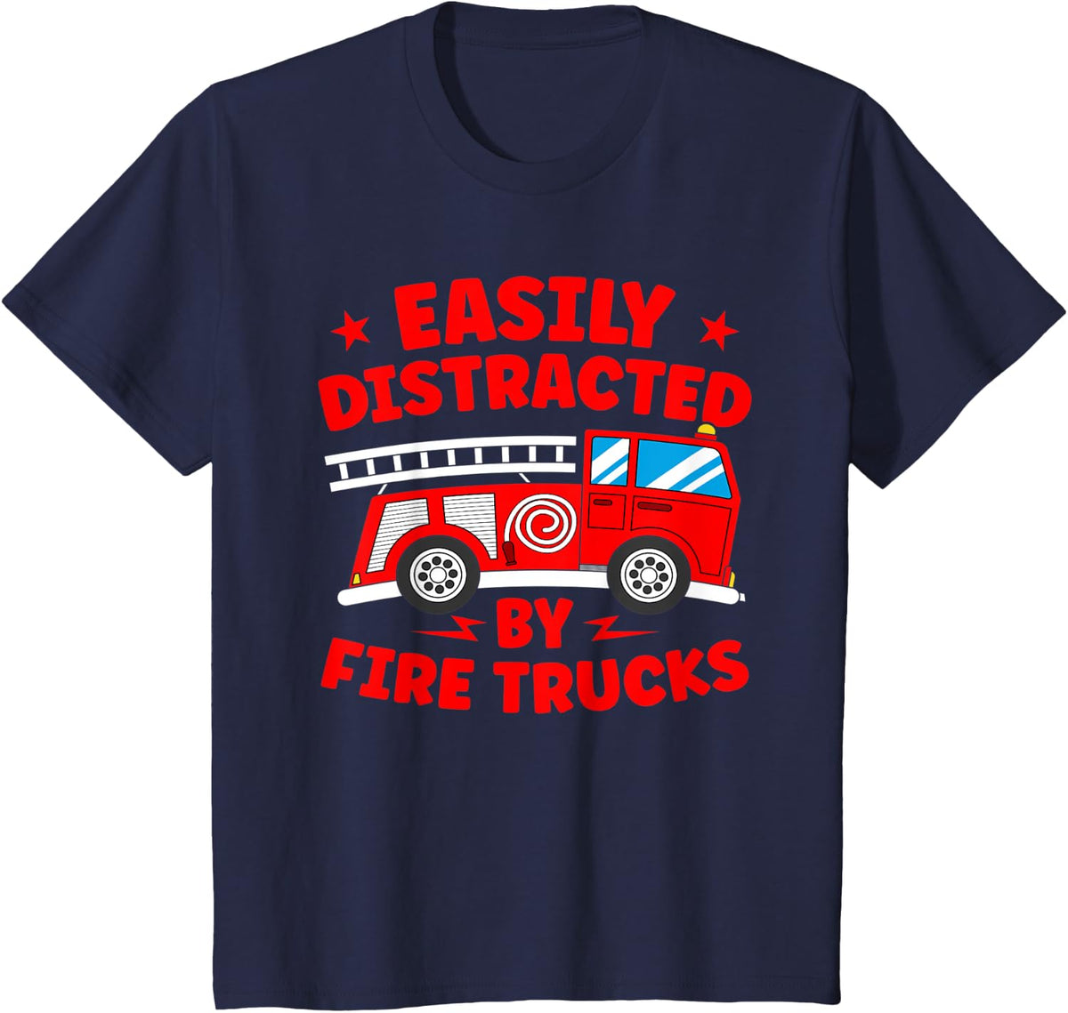 Kids Firefighter Boys Easily Distracted By Fire Trucks T-Shirt - Navy Blue