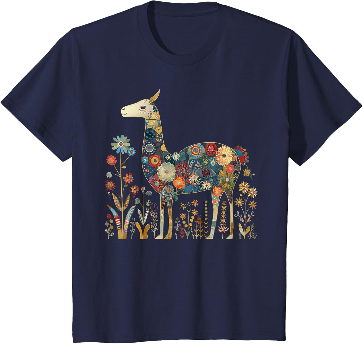 Peru Souvenir Llama Alpaca Flowers Peruvian Souvenir T-Shirt - Navy Blue