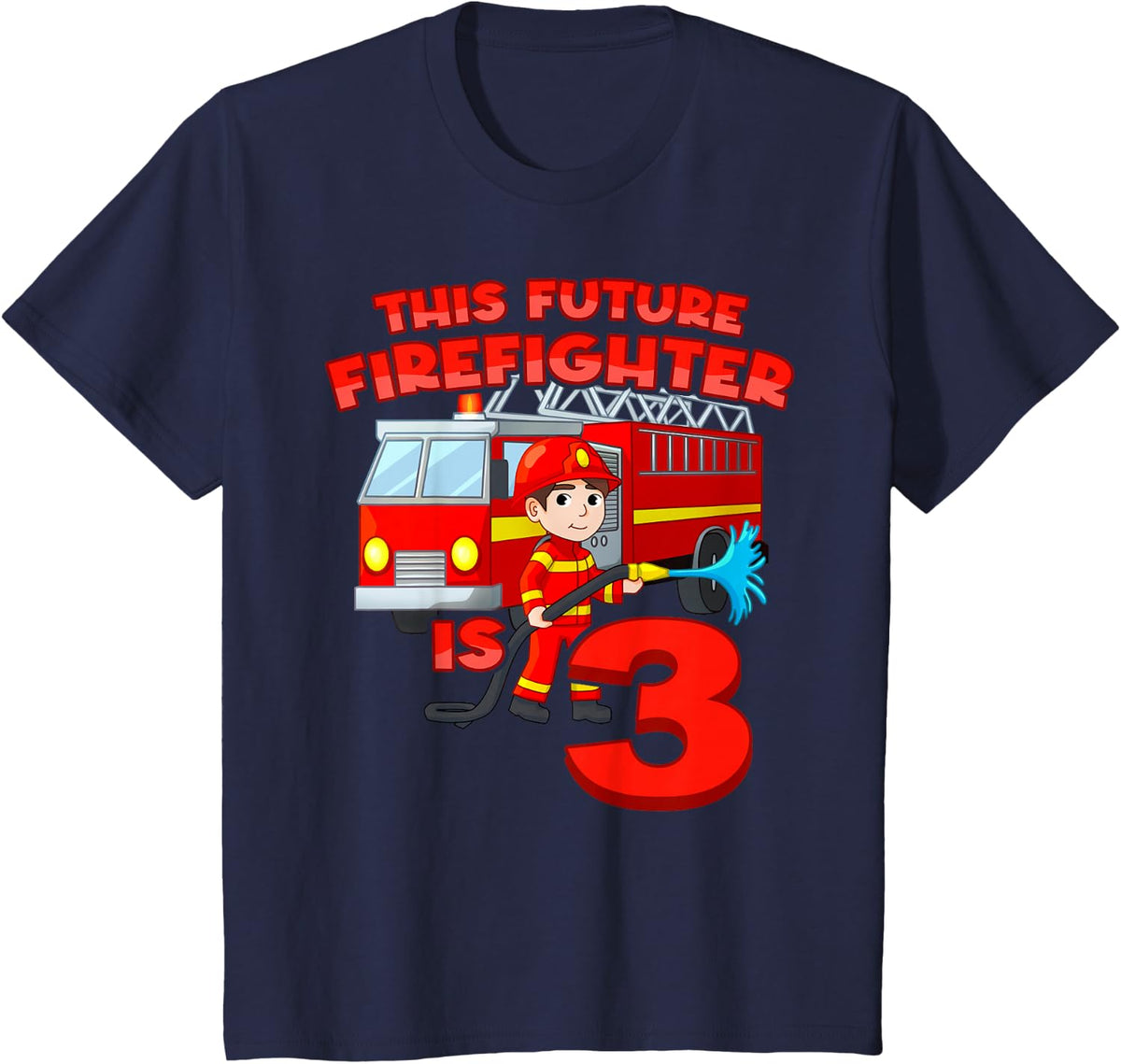 3th Birthday Future Firefighter With Fire Truck 3 Year Old T-Shirt - Navy Blue