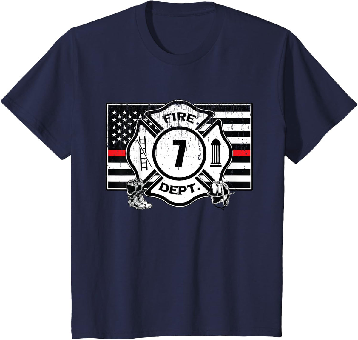 7th Birthday Firefighter Fire Truck 7 Year Old T-Shirt - Navy Blue