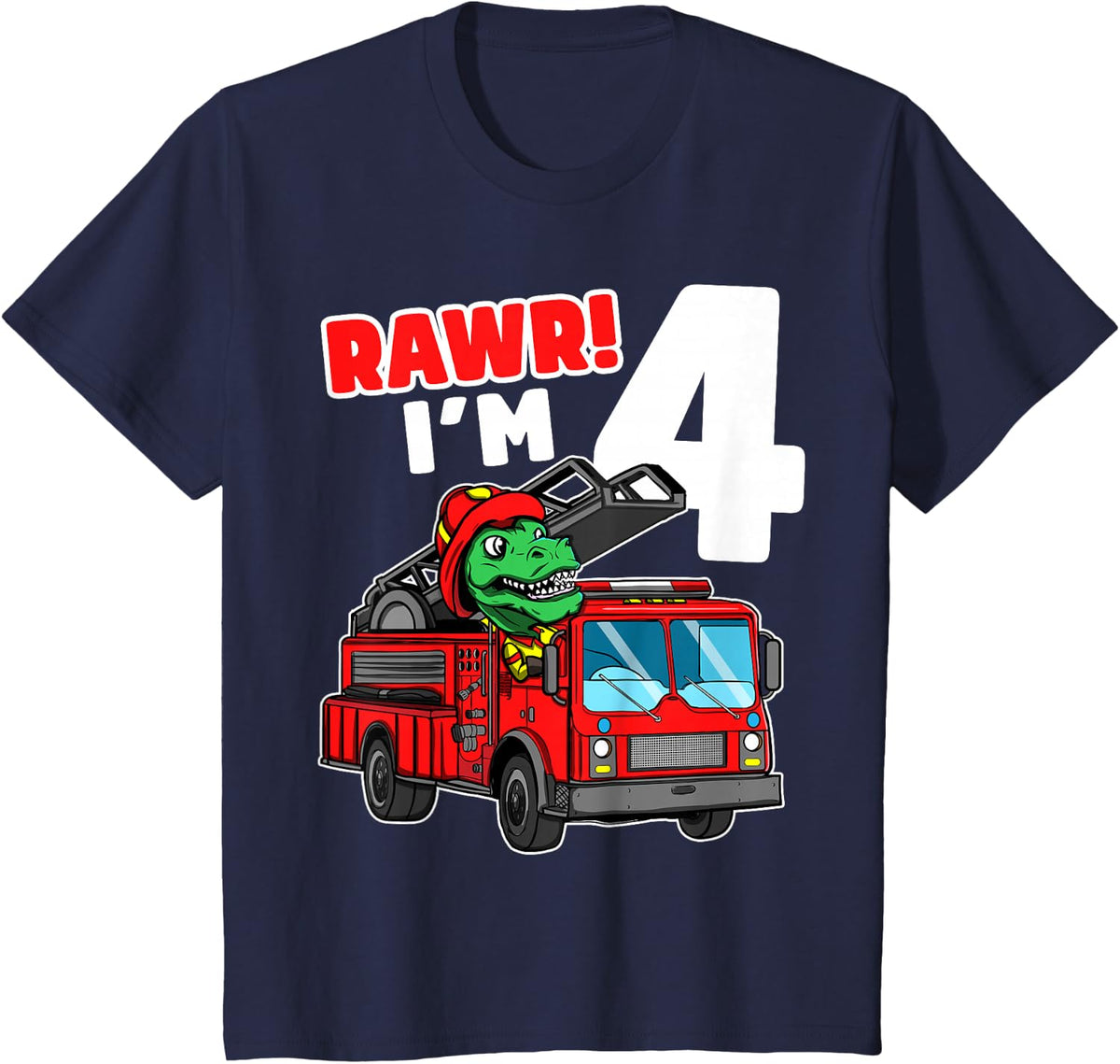 Dinosaur Fire Truck 4th Birthday Boy T-Rex Firefighter Tees T-Shirts For Kids Age 4 - Navy Blue