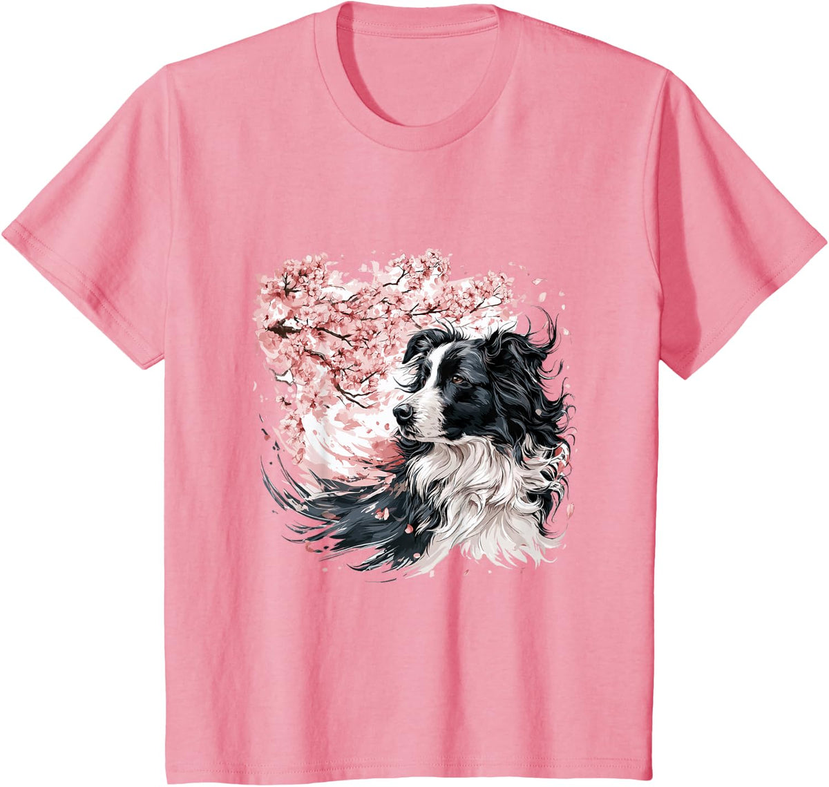 Cherry Blossoms - Watercolor Border Collie T-Shirt - Pink