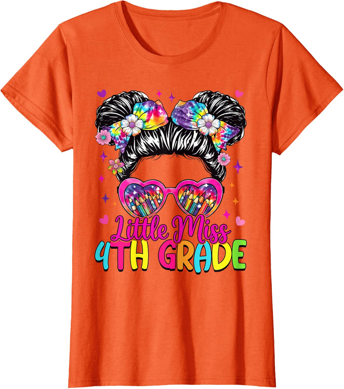 Little Miss 4th Fourth Grade Messy Bun First Day of School T-Shirt - Orange