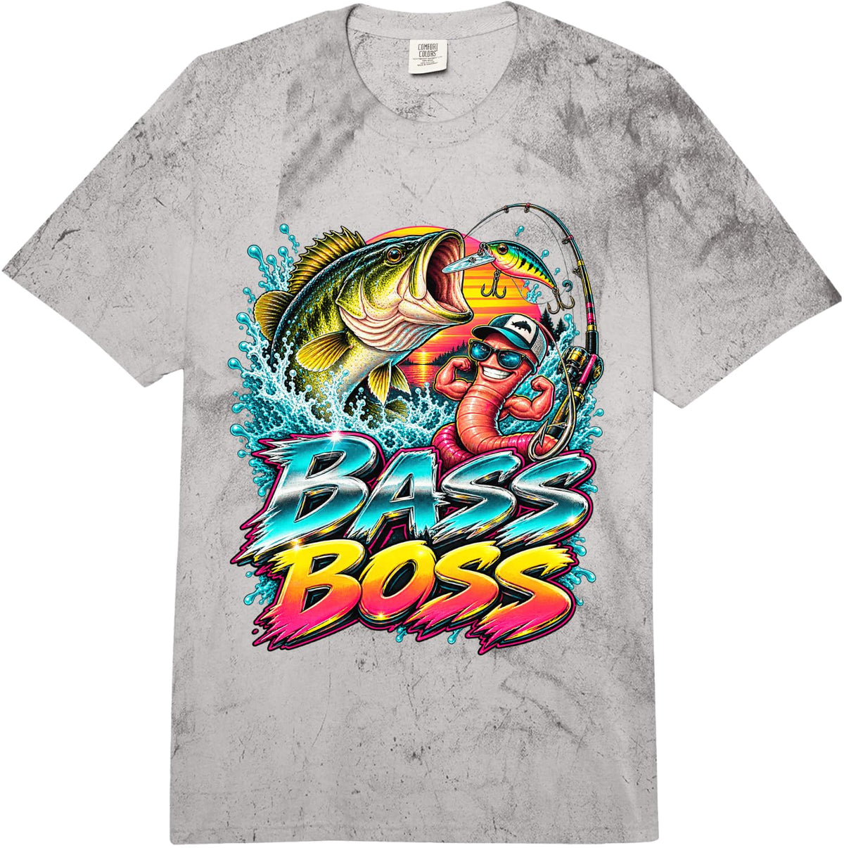 BASS BOSS Funny Largemouth Fishing Angler Men Fisherman Comfort Colors Adult Heavyweight T-Shirt - Adult Unisex Grey Tie Dye