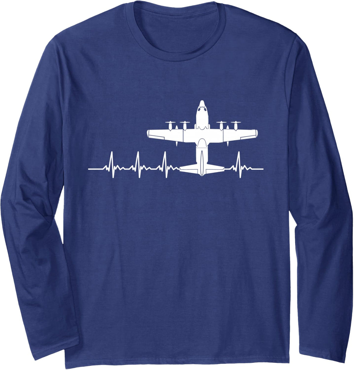C-130 Hercules Heartbeat Warplane Airplane Military Long Sleeve T-Shirt - Adult Unisex Navy Blue