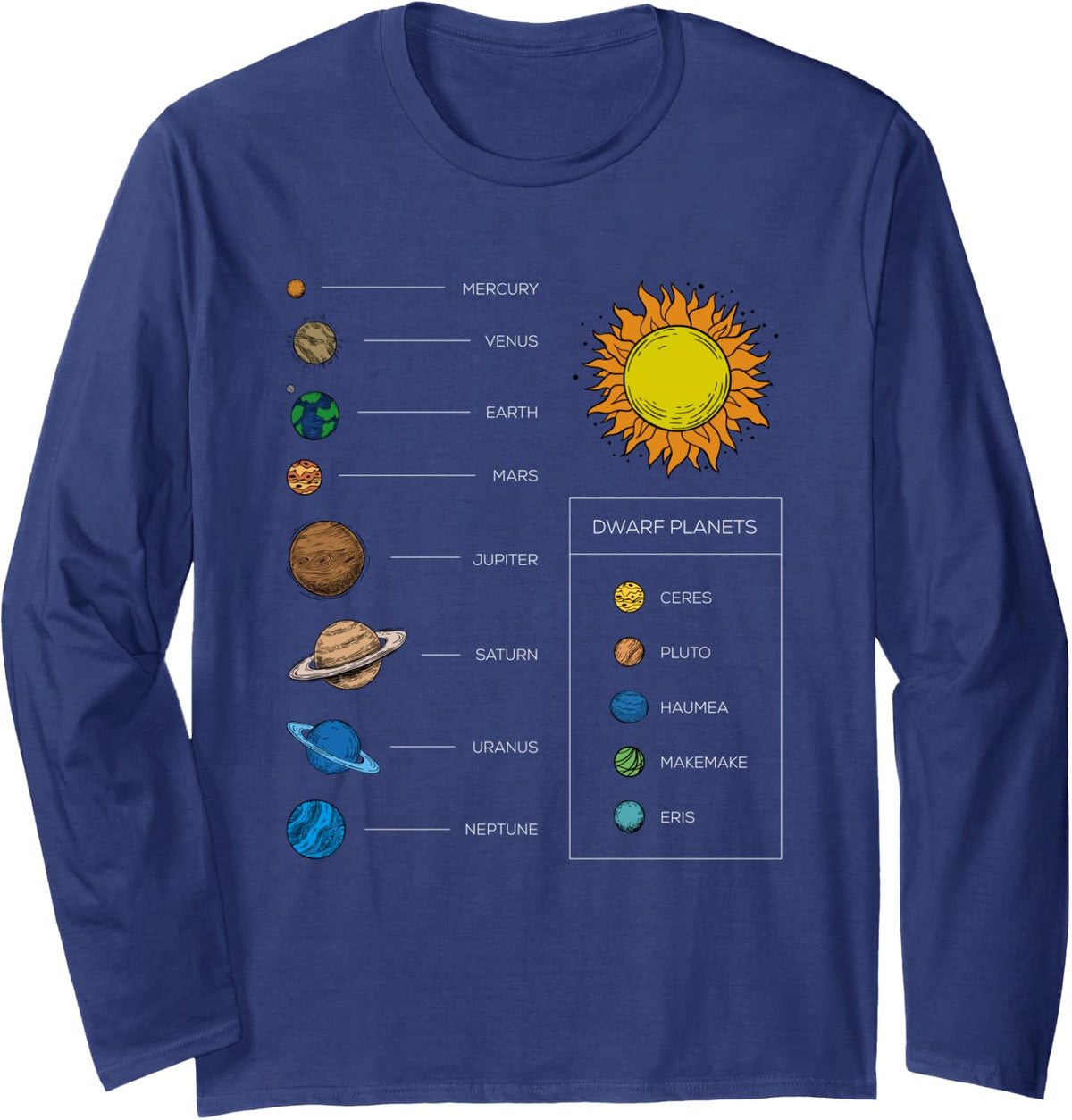 Solar-System Kids and Adults Dwarf Planets Education Graphic Long Sleeve T-Shirt - Adult Unisex Navy Blue