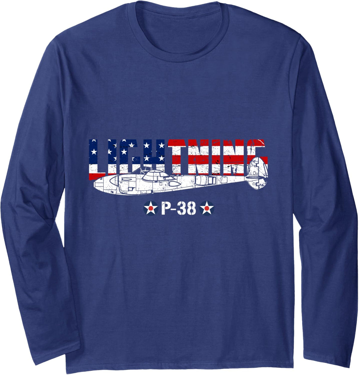 P-38 Lightning WW2 Military Aircraft Flag USA Fighter Plane Long Sleeve T-Shirt - Adult Unisex Navy Blue