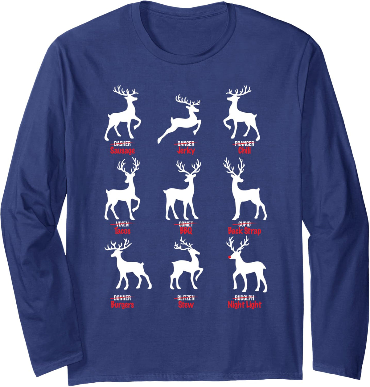 Funny Christmas Deer Hunting Santa's Reindeer Long Sleeve T-Shirt - Adult Unisex Navy Blue