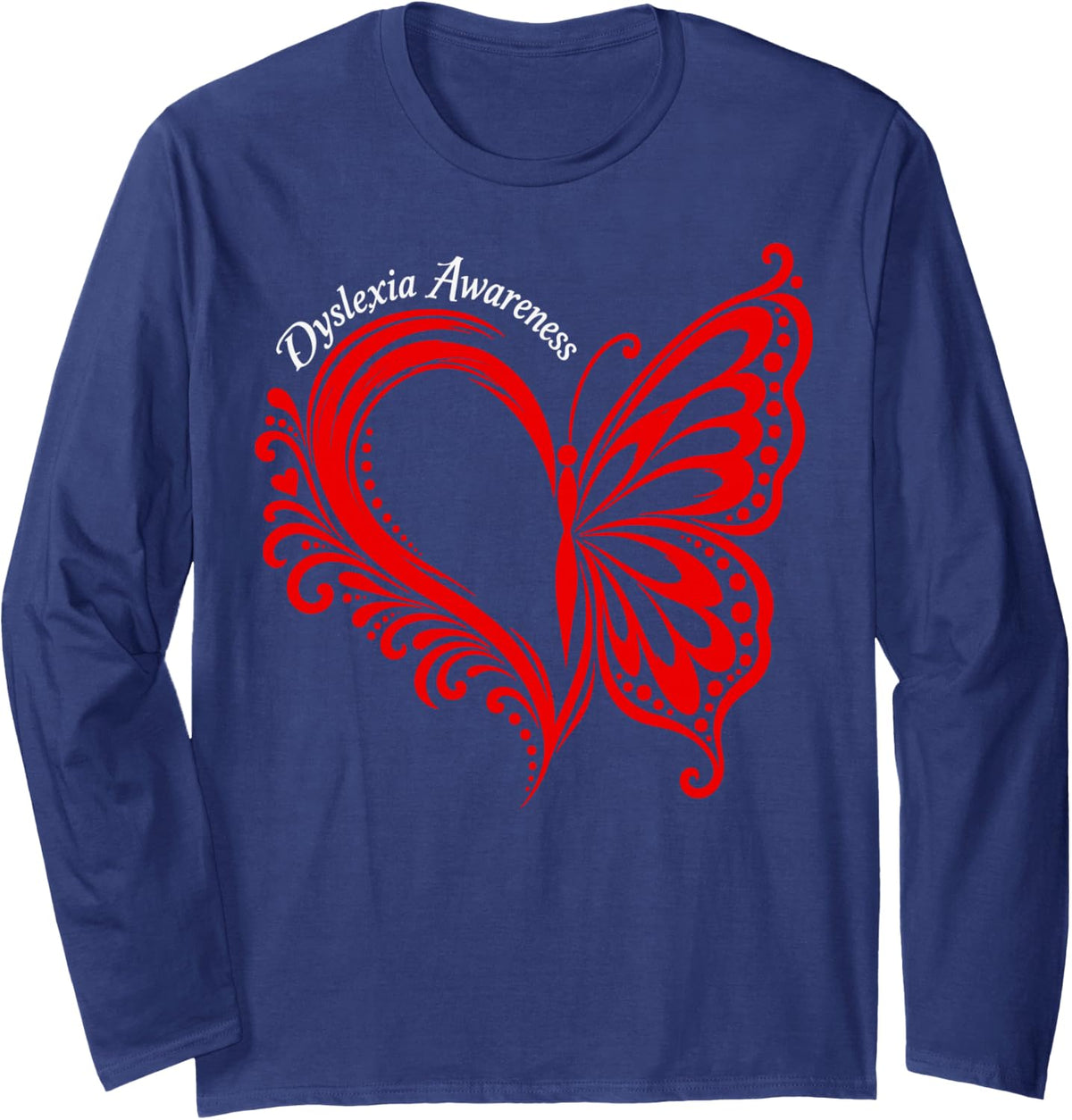 Butterfly Heart Dyslexia Awareness Long Sleeve T-Shirt - Adult Unisex Navy Blue