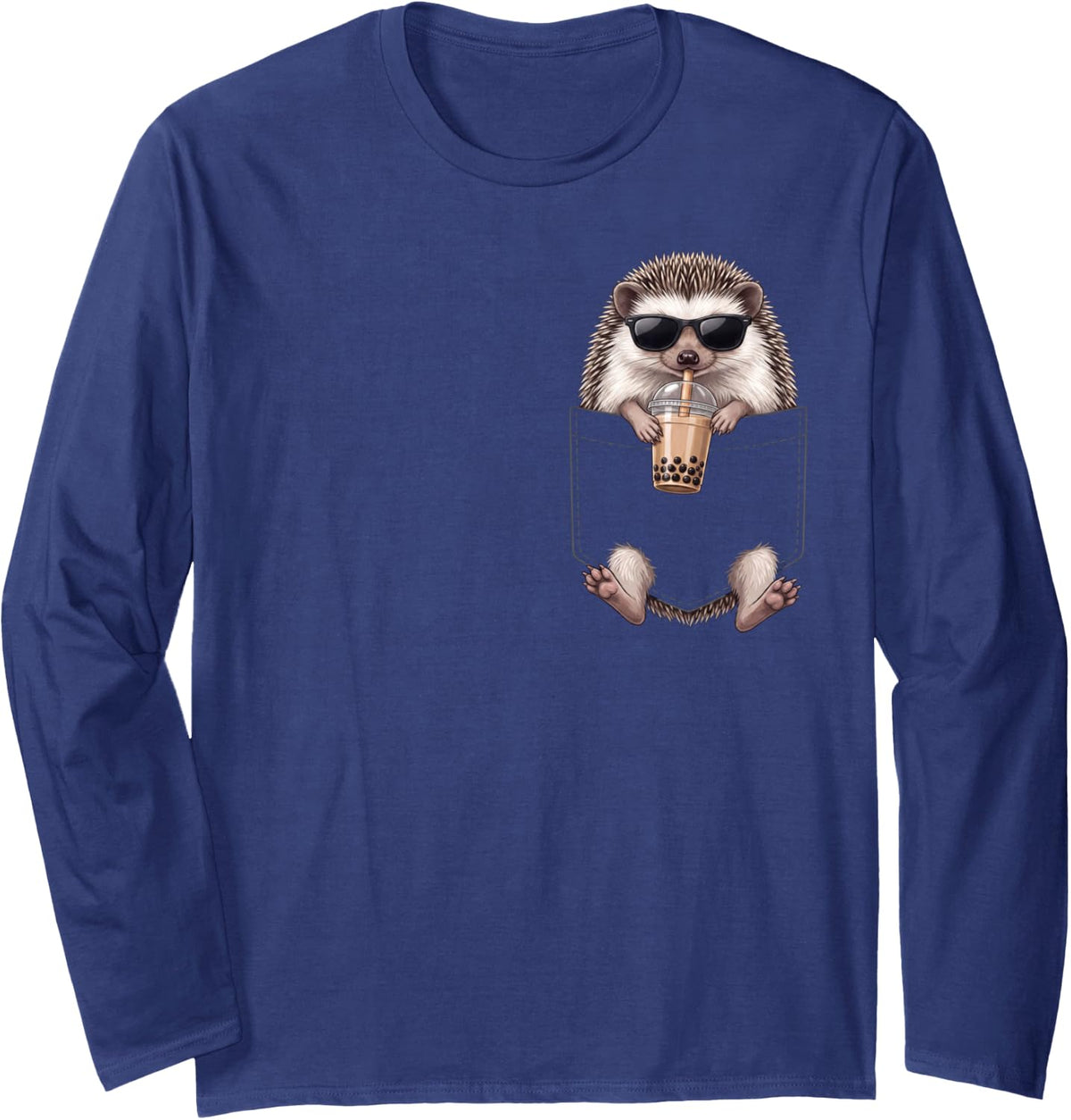 Hedgehog Pocket Drinking Bubble Tea Boba Tea Lover Long Sleeve T-Shirt - Adult Unisex Navy Blue