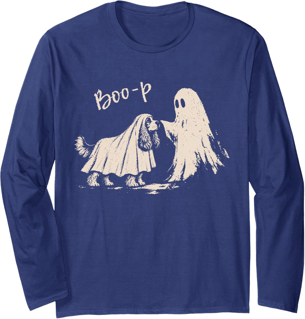 Boo-P Ghost Cocker Spaniel Nose Boop Halloween Costume Long Sleeve T-Shirt - Adult Unisex Navy Blue