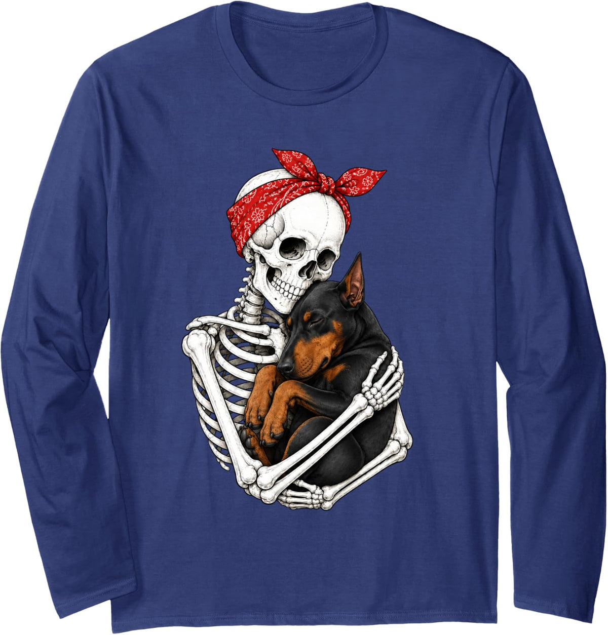 Skeleton Holding Doberman Pinscher Dog Funny Lazy Halloween Long Sleeve T-Shirt - Adult Unisex Navy Blue