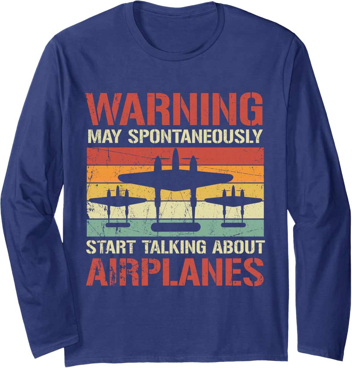 Warning May Spontaneously Talk About P-38 Lightning Vintage Long Sleeve T-Shirt - Adult Unisex Navy Blue