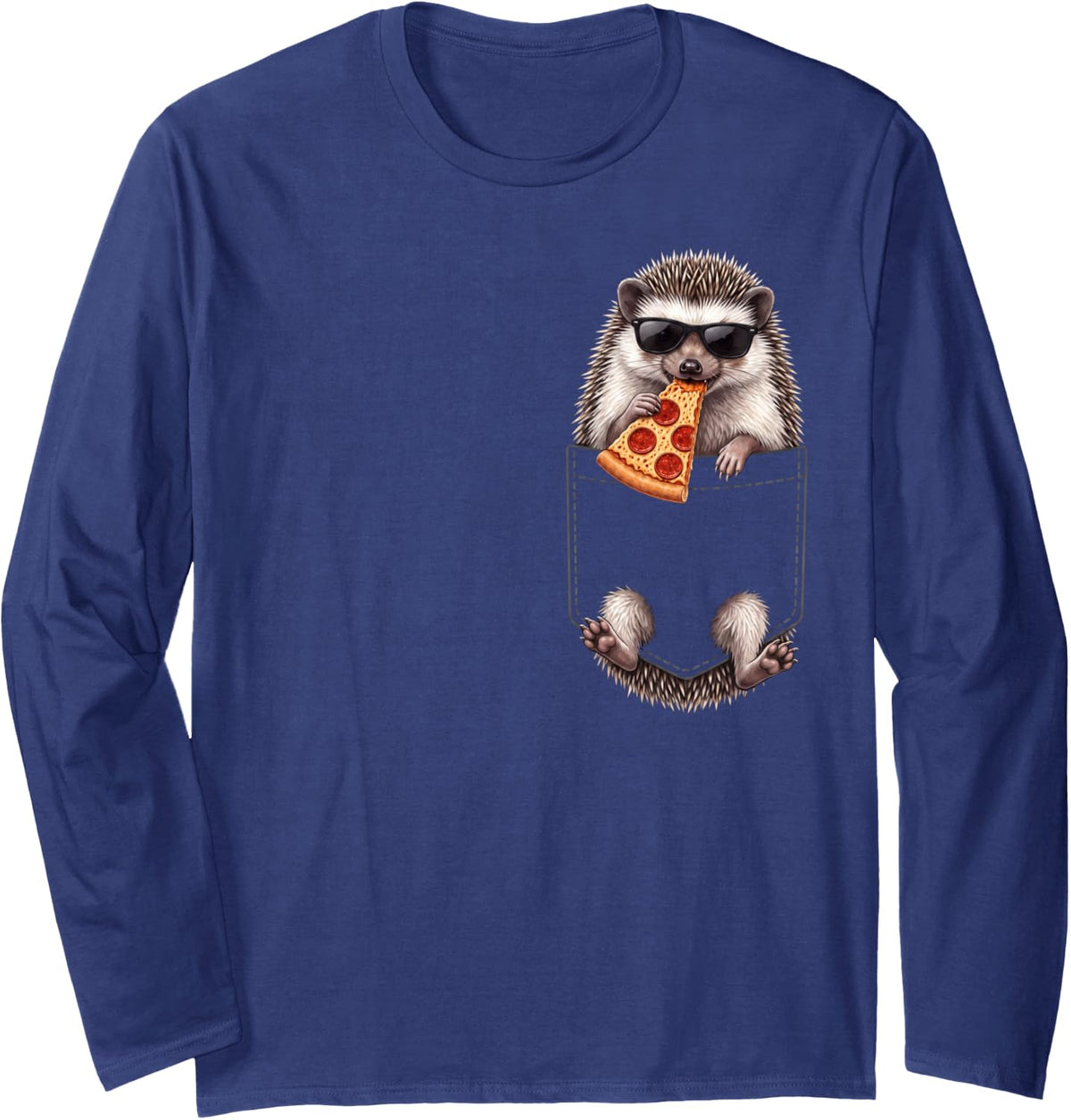 Hedgehog Pocket Pizza Slice Italian Food Lover Long Sleeve T-Shirt - Adult Unisex Navy Blue
