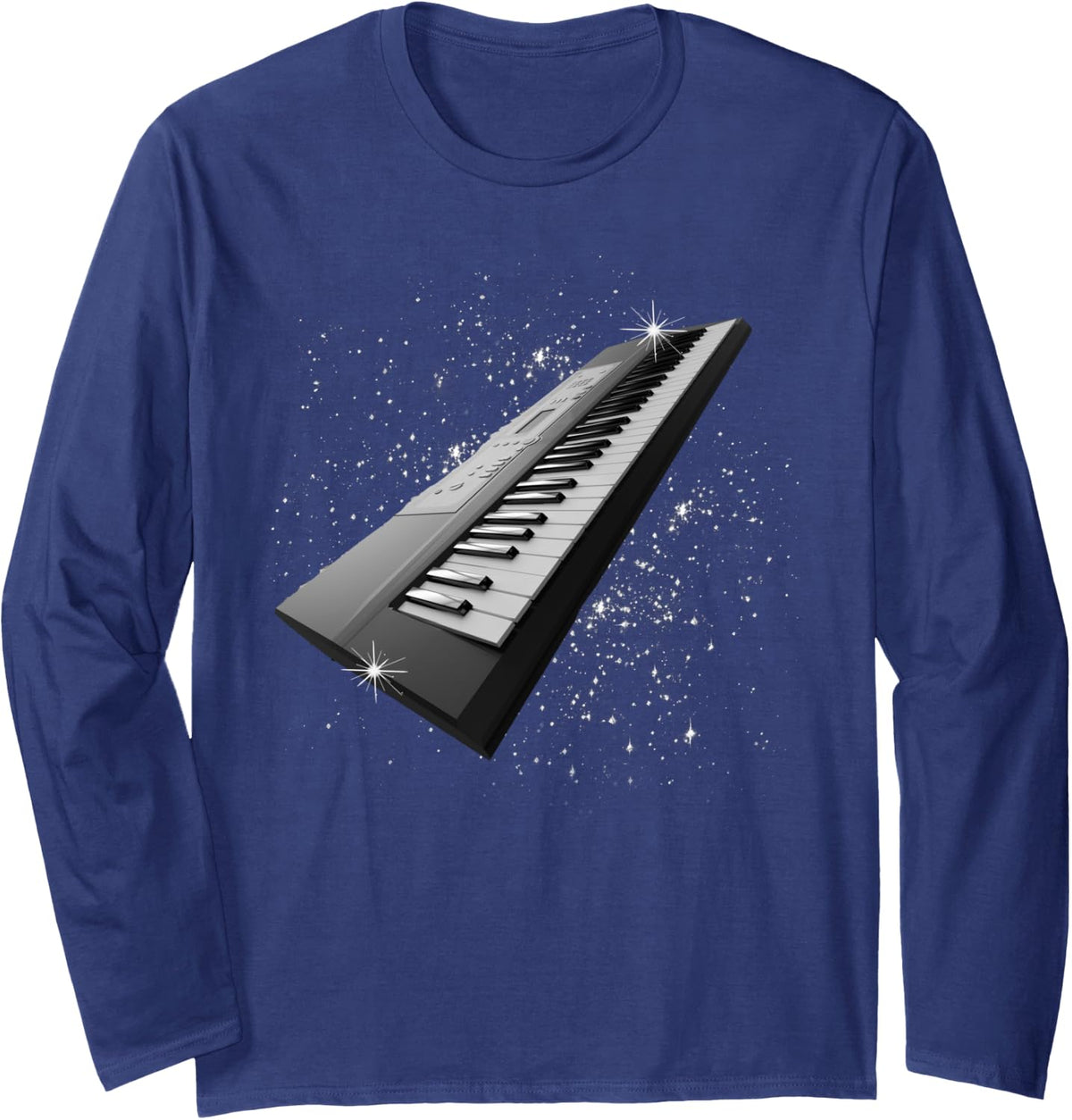 Piano Keyboard Black and White Starry Retro Long Sleeve T-Shirt - Adult Unisex Navy Blue