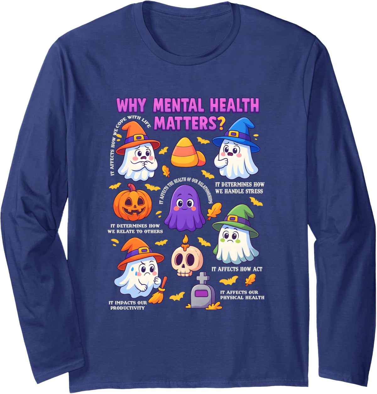 Mental Health Ghost Halloween Therapist School Psychologist Long Sleeve T-Shirt - Adult Unisex Navy Blue