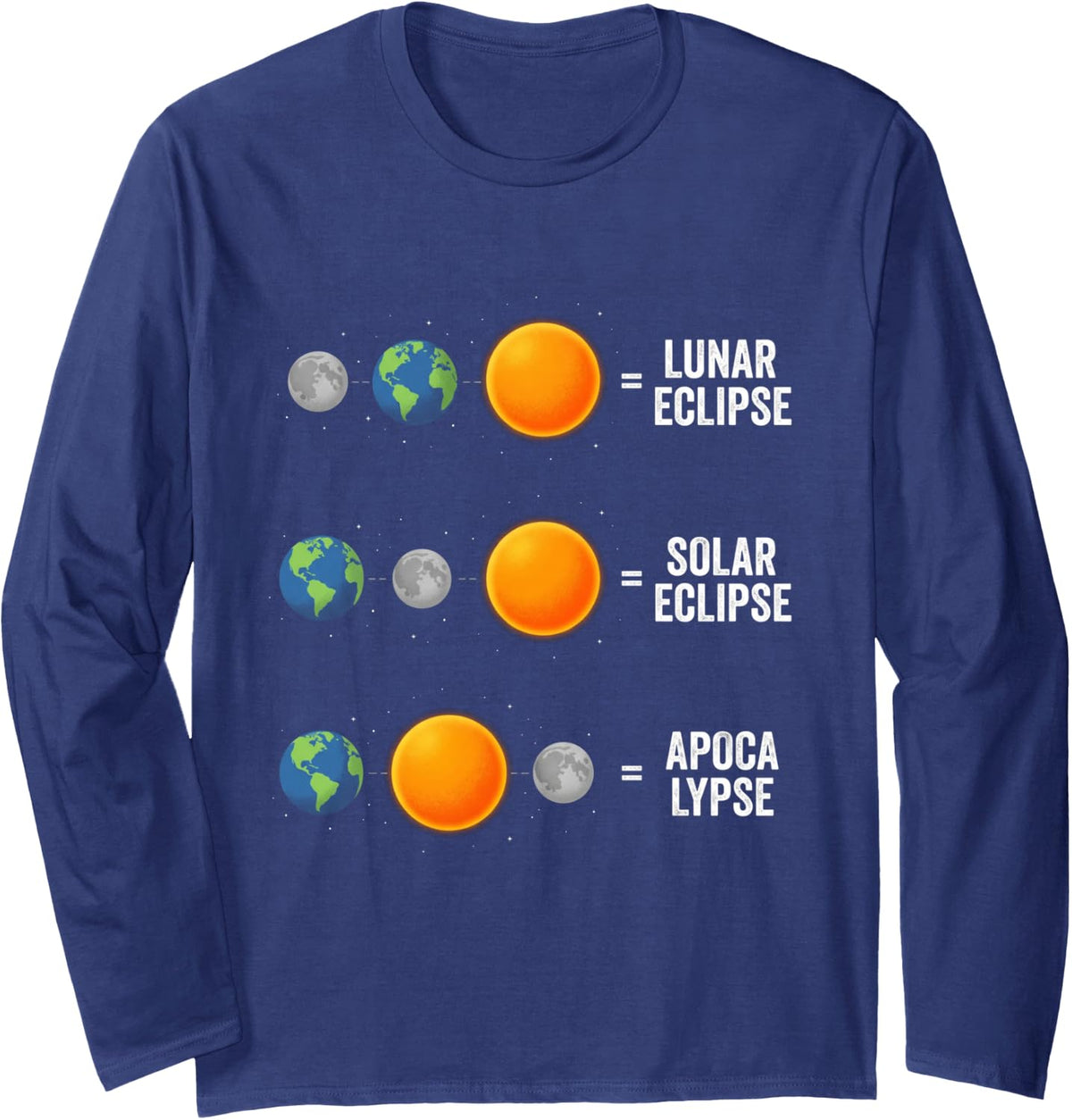 Lunar Eclipse Sun Eclipse We're Toast Funny Planet Diagram Long Sleeve T-Shirt - Adult Unisex Navy Blue