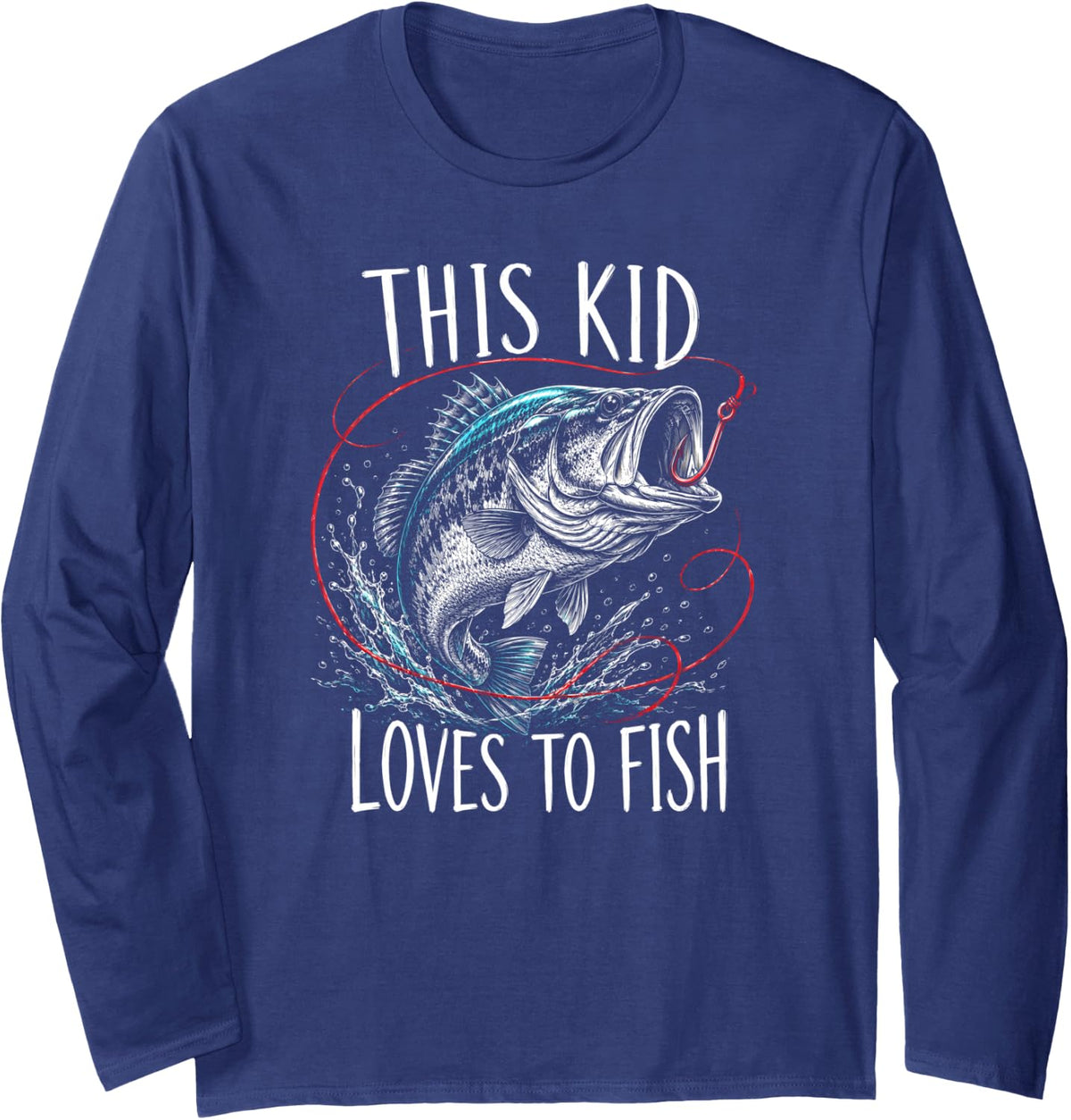 Fishing Kid Largemouth Bass Young Angler Lake Outdoors Long Sleeve T-Shirt - Adult Unisex Navy Blue
