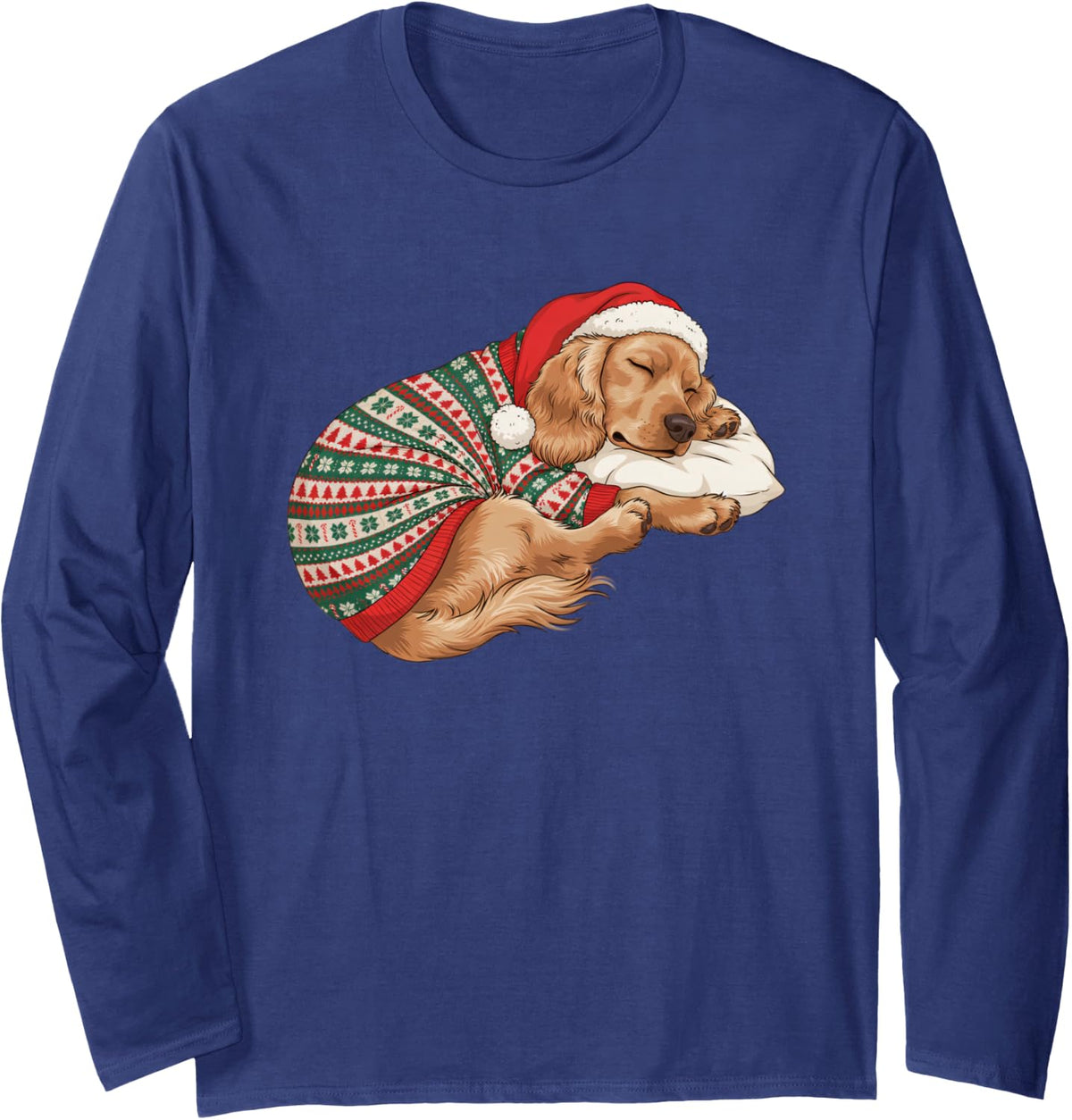 Cozy Sleepy Cocker Spaniel Christmas Pajama Nap Dog Mom Dad Long Sleeve T-Shirt - Adult Unisex Navy Blue