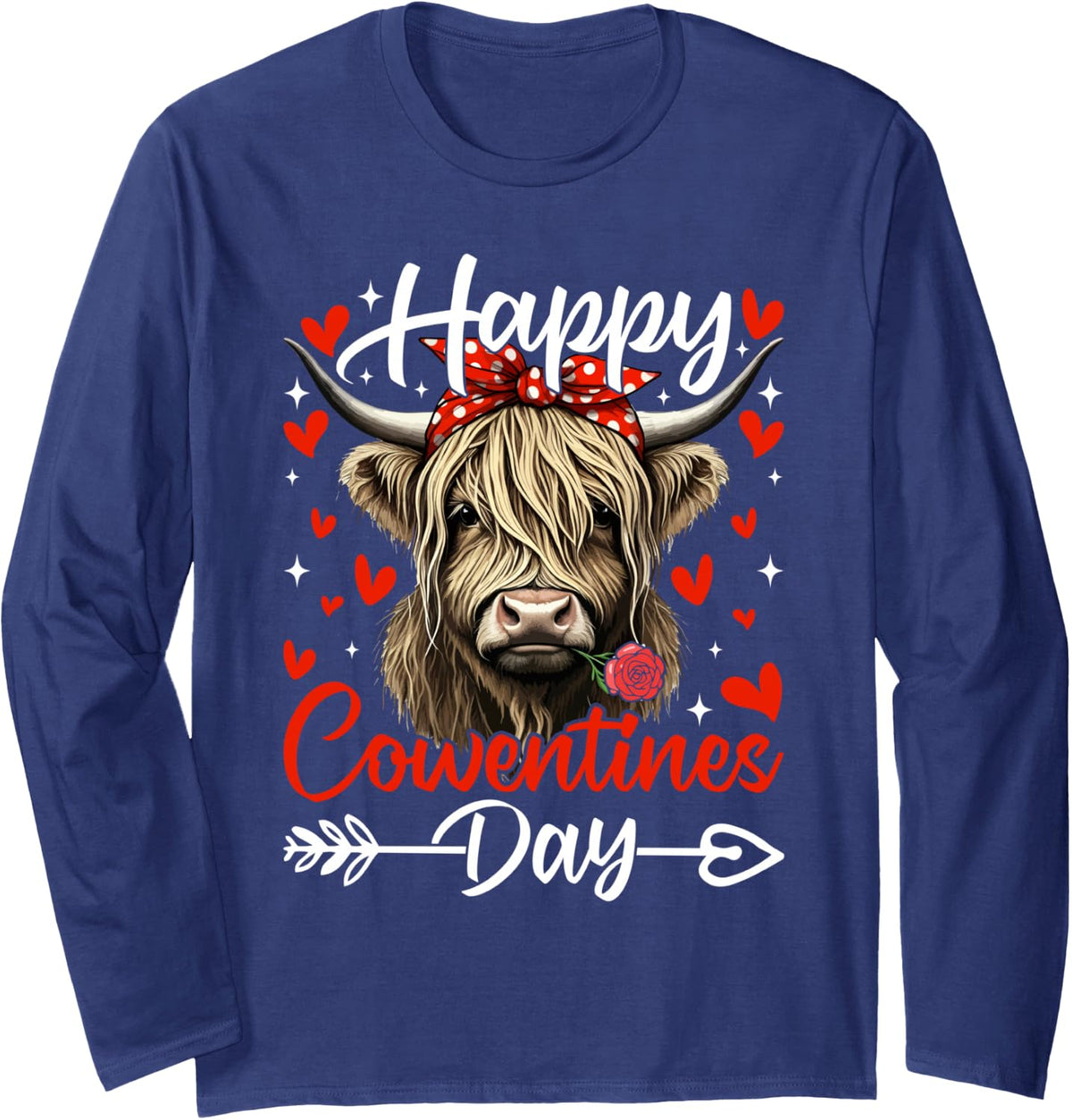 Happy Cowntines Day Highland Cow Valentine’s Day Cow Lovers Long Sleeve T-Shirt - Adult Unisex Navy Blue