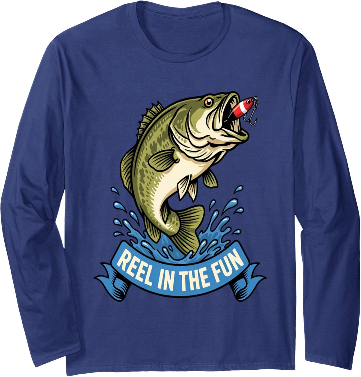 Largemouth Bass Fishing Fanatic Reel in The Fun Art Design Long Sleeve T-Shirt - Adult Unisex Navy Blue