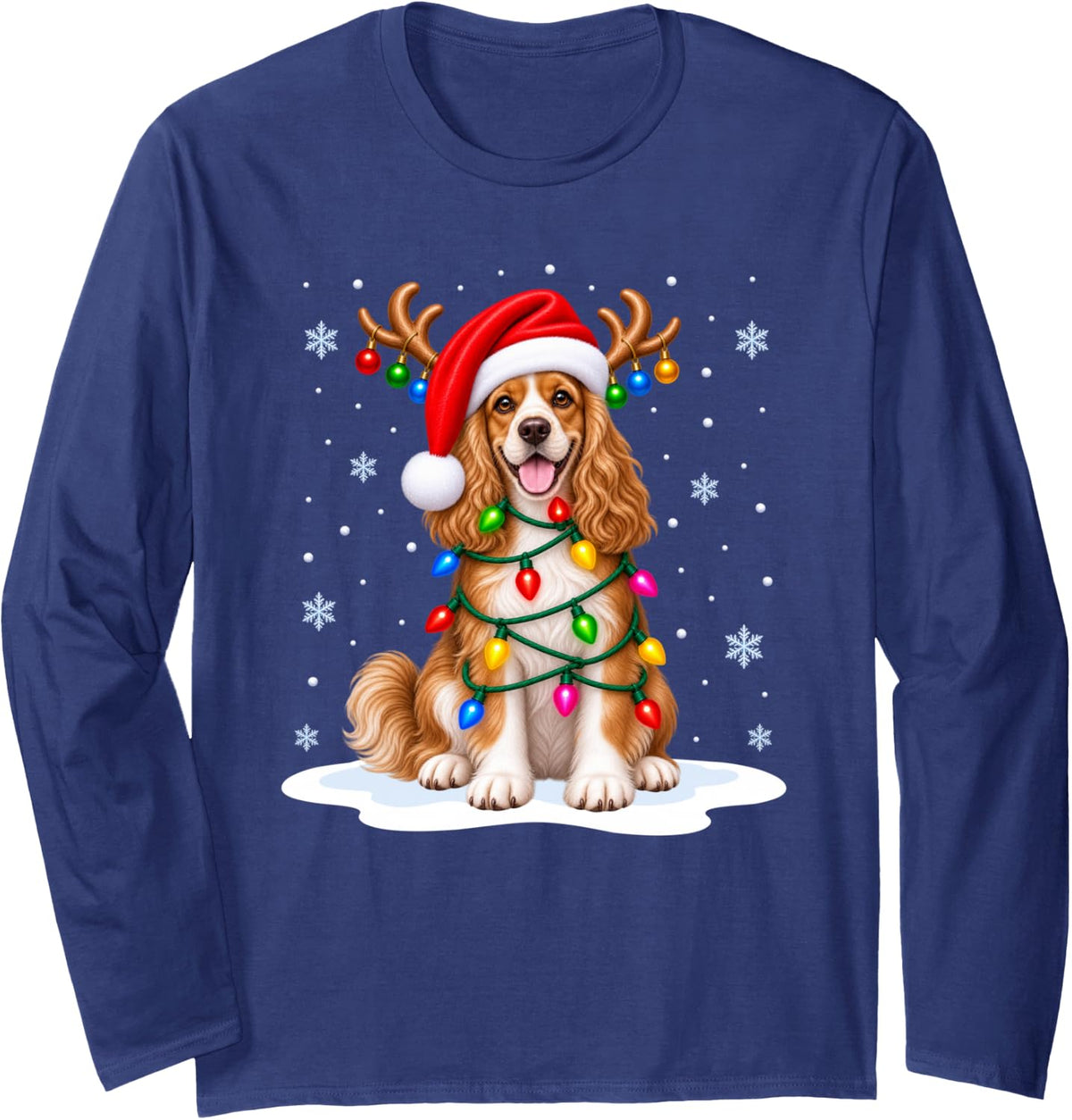 Cocker Spaniel Christmas Tree Lights Xmas Pet Dog Lover Long Sleeve T-Shirt - Adult Unisex Navy Blue