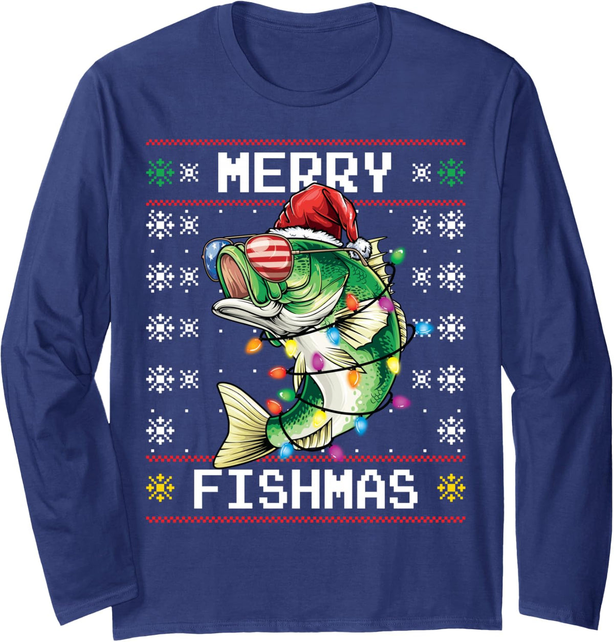 Merry Fishmas Christmas Bass Fishing Funny Fisherman Long Sleeve T-Shirt - Adult Unisex Navy Blue