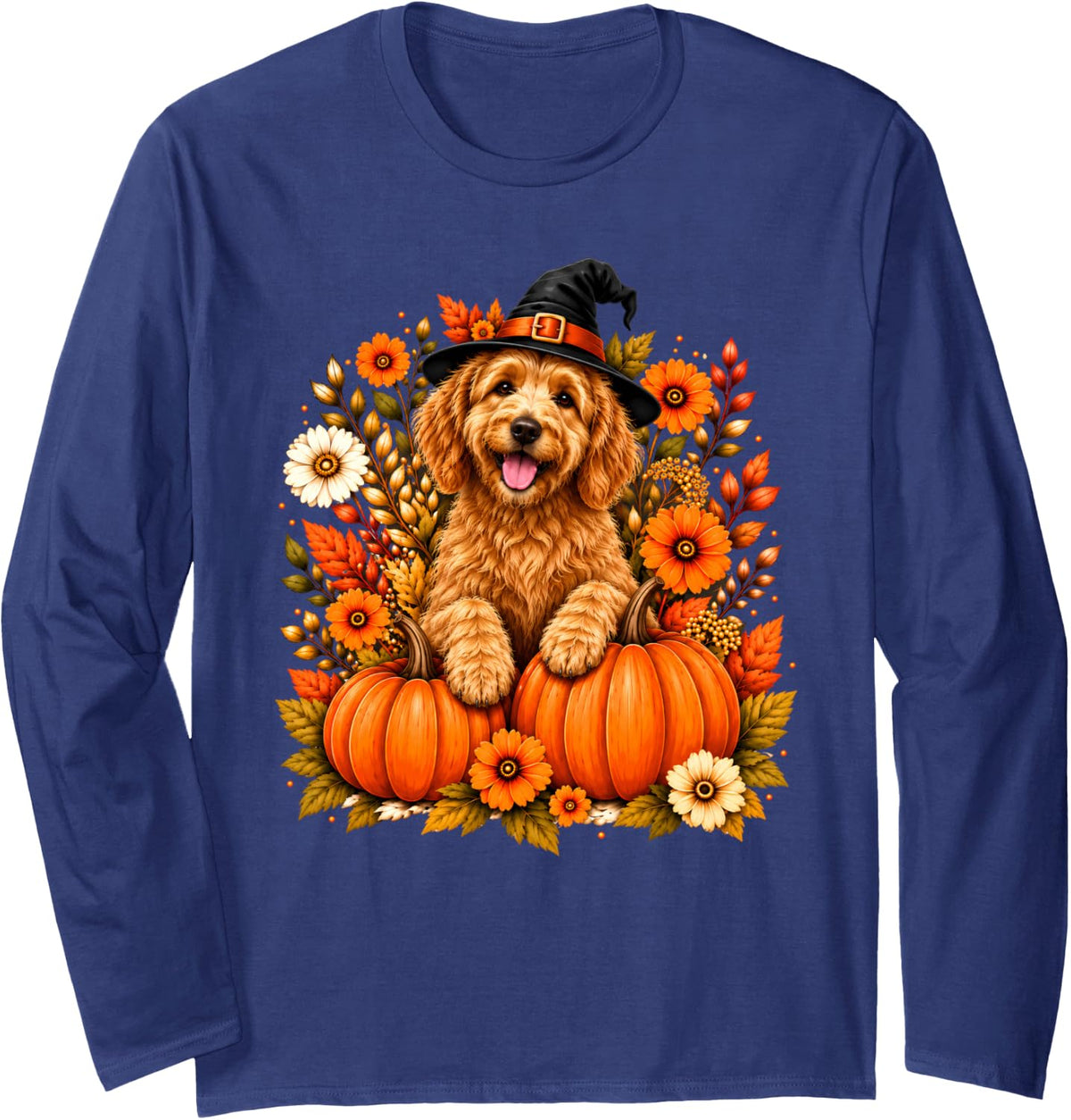 Goldendoodle Halloween Witch Floral Spooky Dog Lover Long Sleeve T-Shirt - Adult Unisex Navy Blue