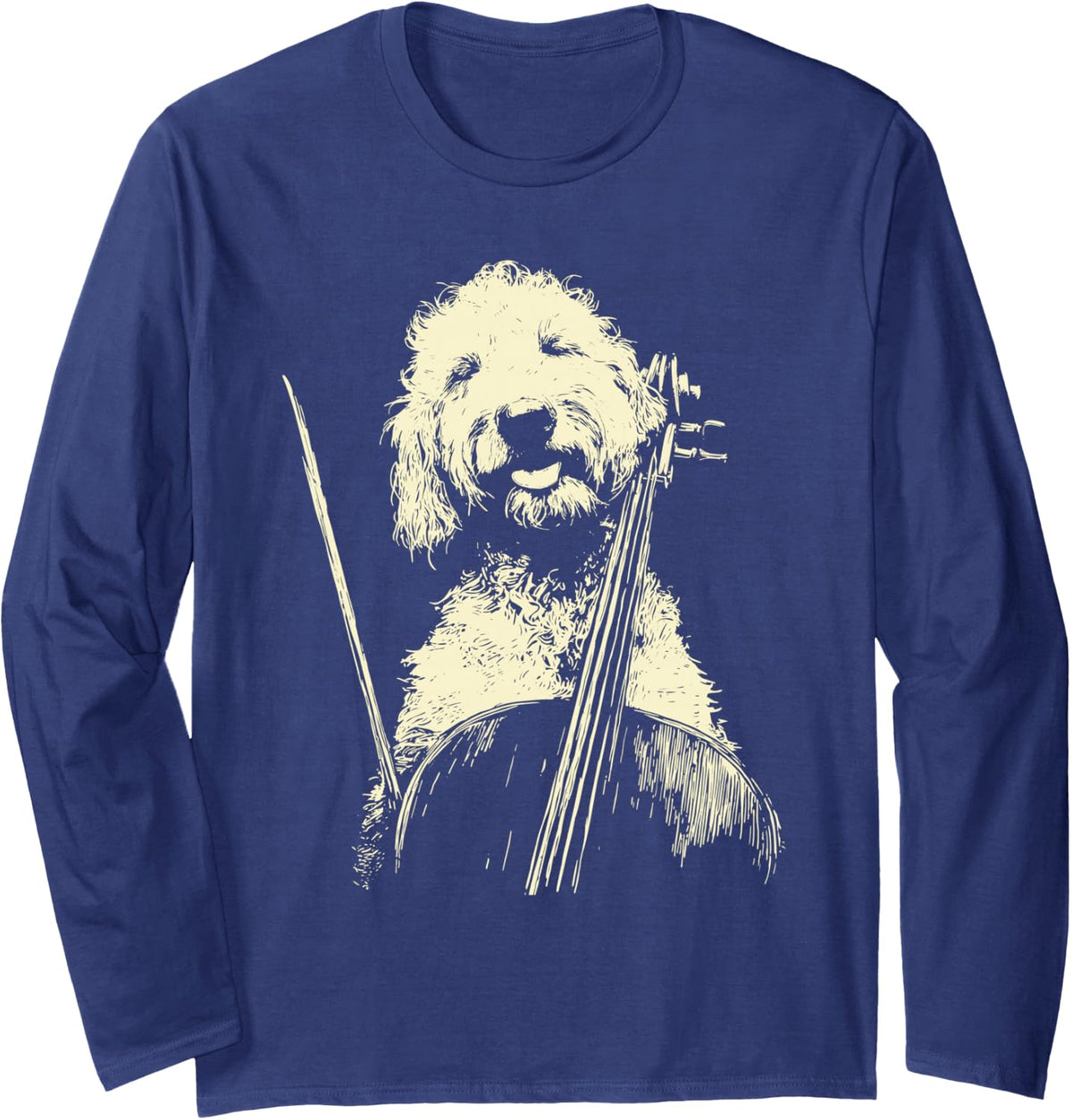 Cute Goldendoodle Playing Cello Funny Musician Dog Cellist Long Sleeve T-Shirt - Adult Unisex Navy Blue