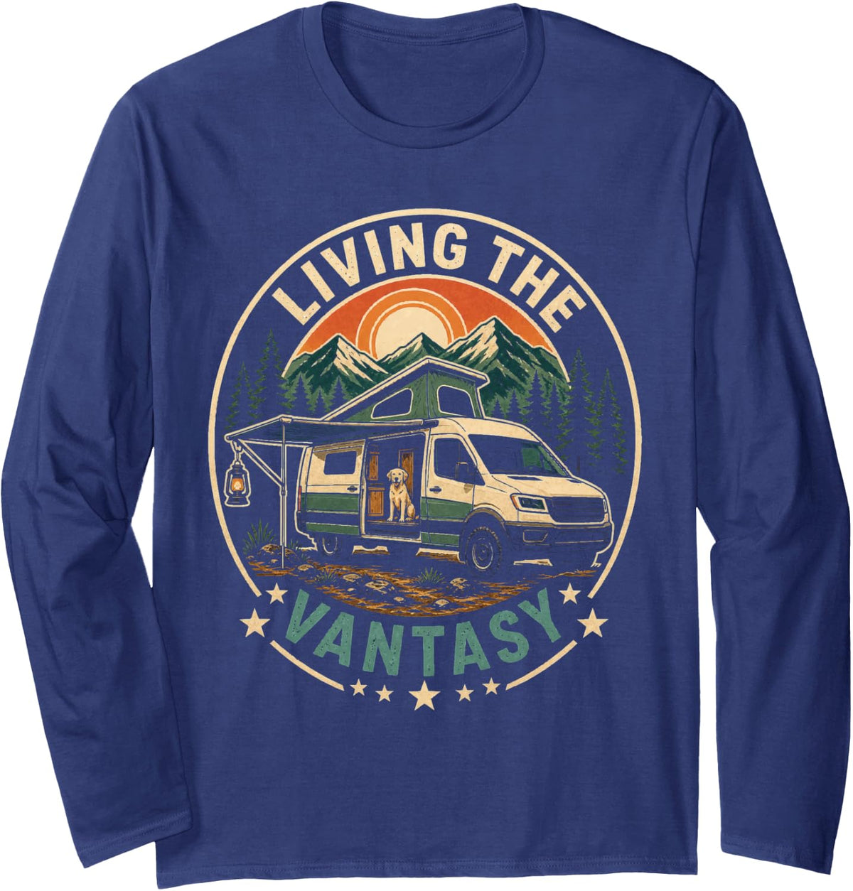 Camping Living The Vantasy Camper Van Life Dog Mountains Long Sleeve T-Shirt - Adult Unisex Navy Blue