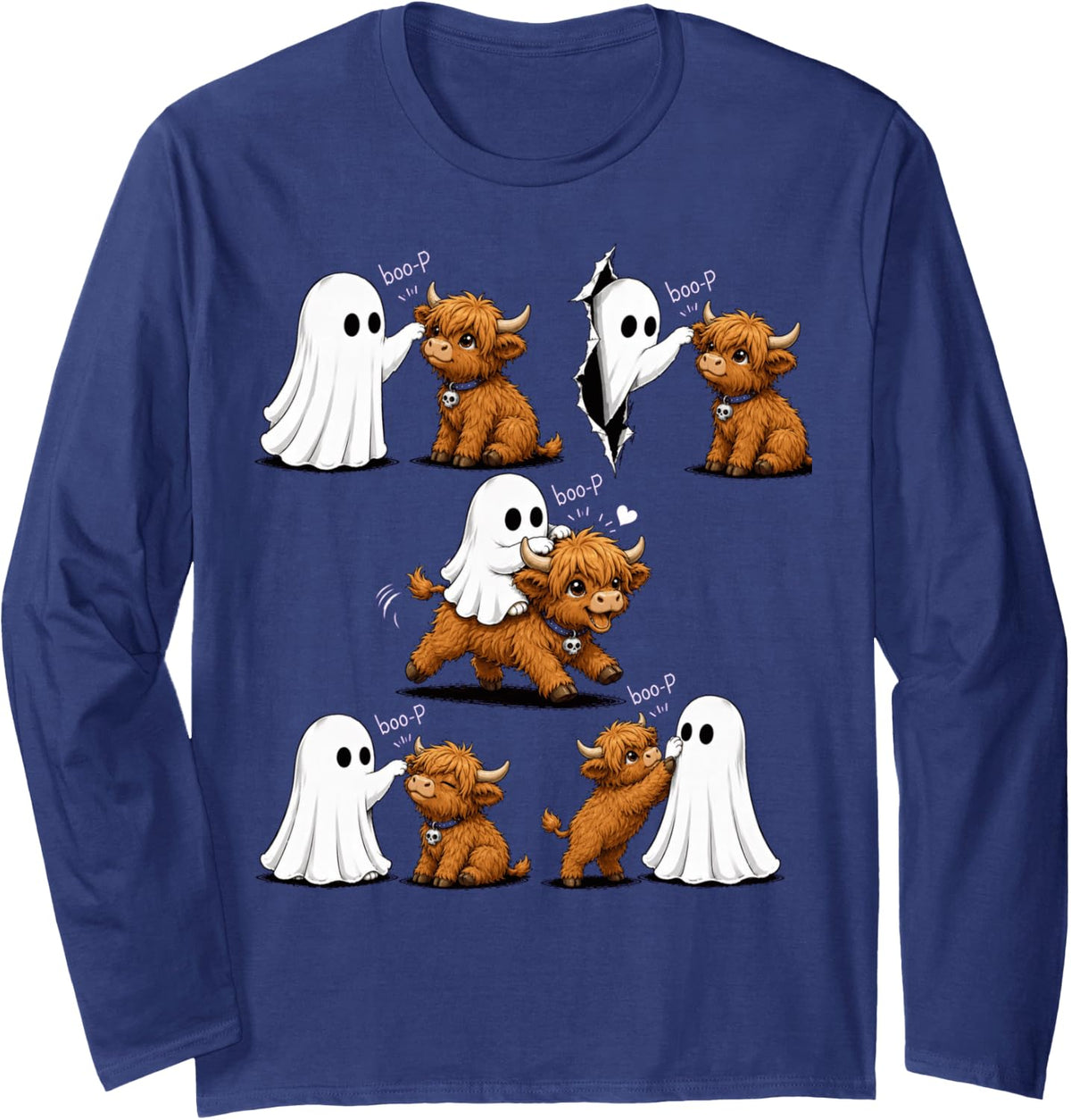 Cool Highland Cow Boo P Ghost Nose Boop Halloween Costume Long Sleeve T-Shirt - Adult Unisex Navy Blue
