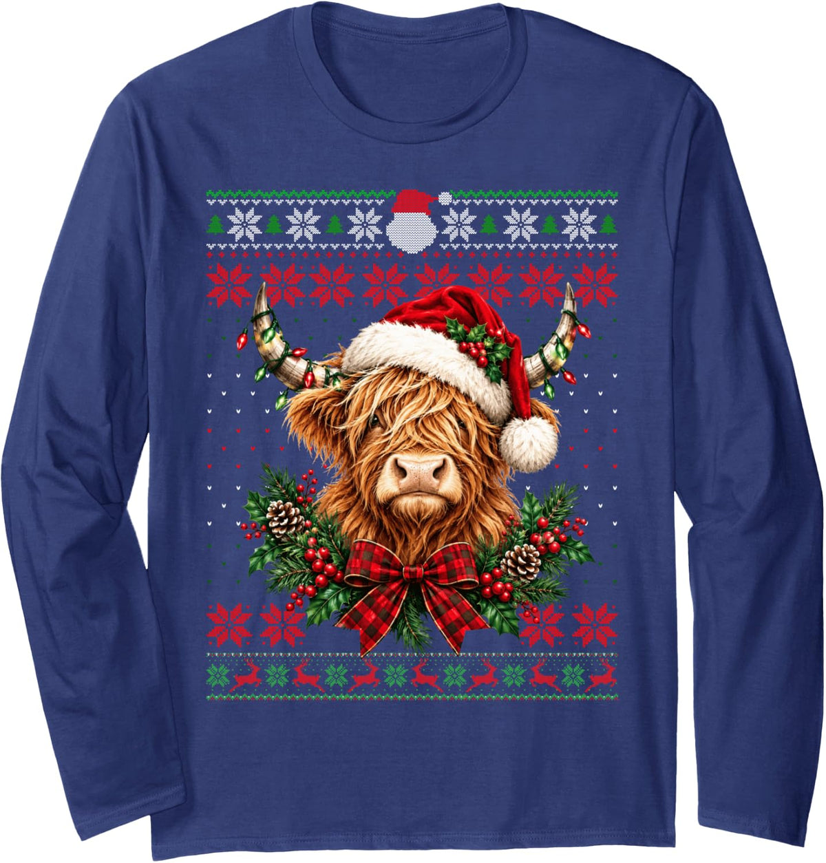 Highland Cow Santa Ugly Christmas Sweater Xmas Men Women Kid Long Sleeve T-Shirt - Adult Unisex Navy Blue
