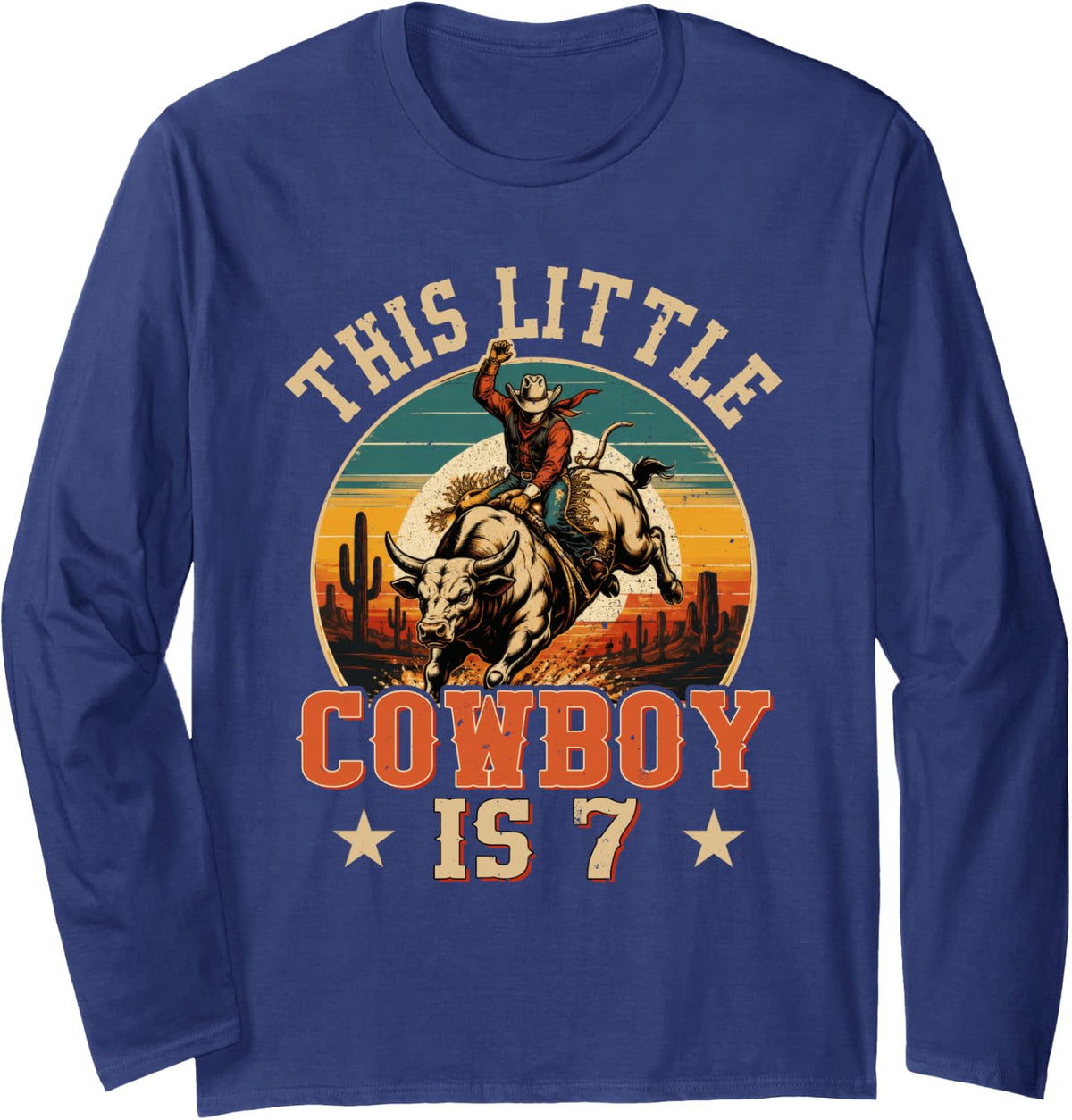 7 Years Old Bull Riding Lover 7th Birthday Cowboy Theme Long Sleeve T-Shirt - Adult Unisex Navy Blue