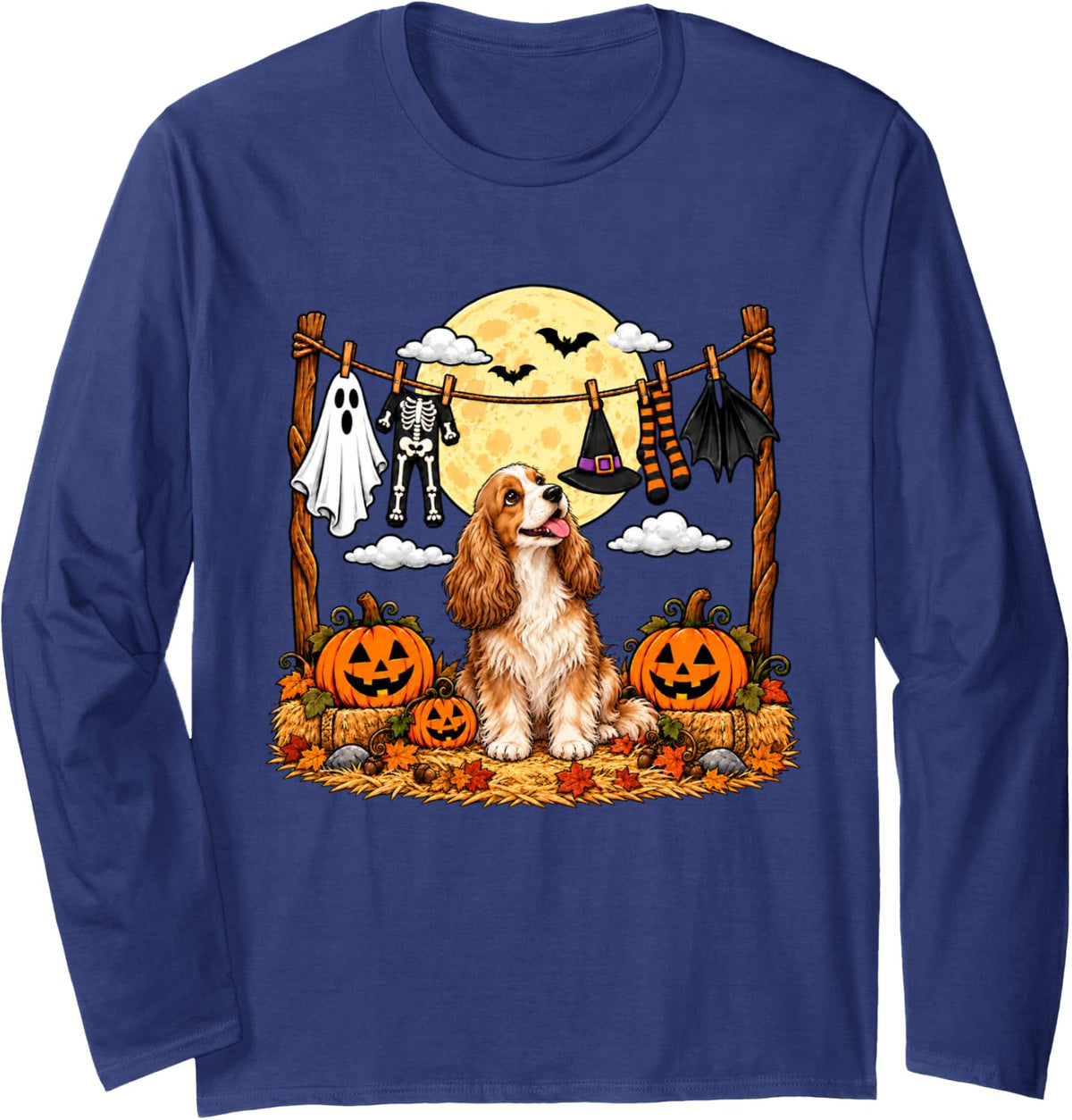 Halloween English Cocker Spaniel Squad Pumpkin Vampire Mummy Long Sleeve T-Shirt - Adult Unisex Navy Blue