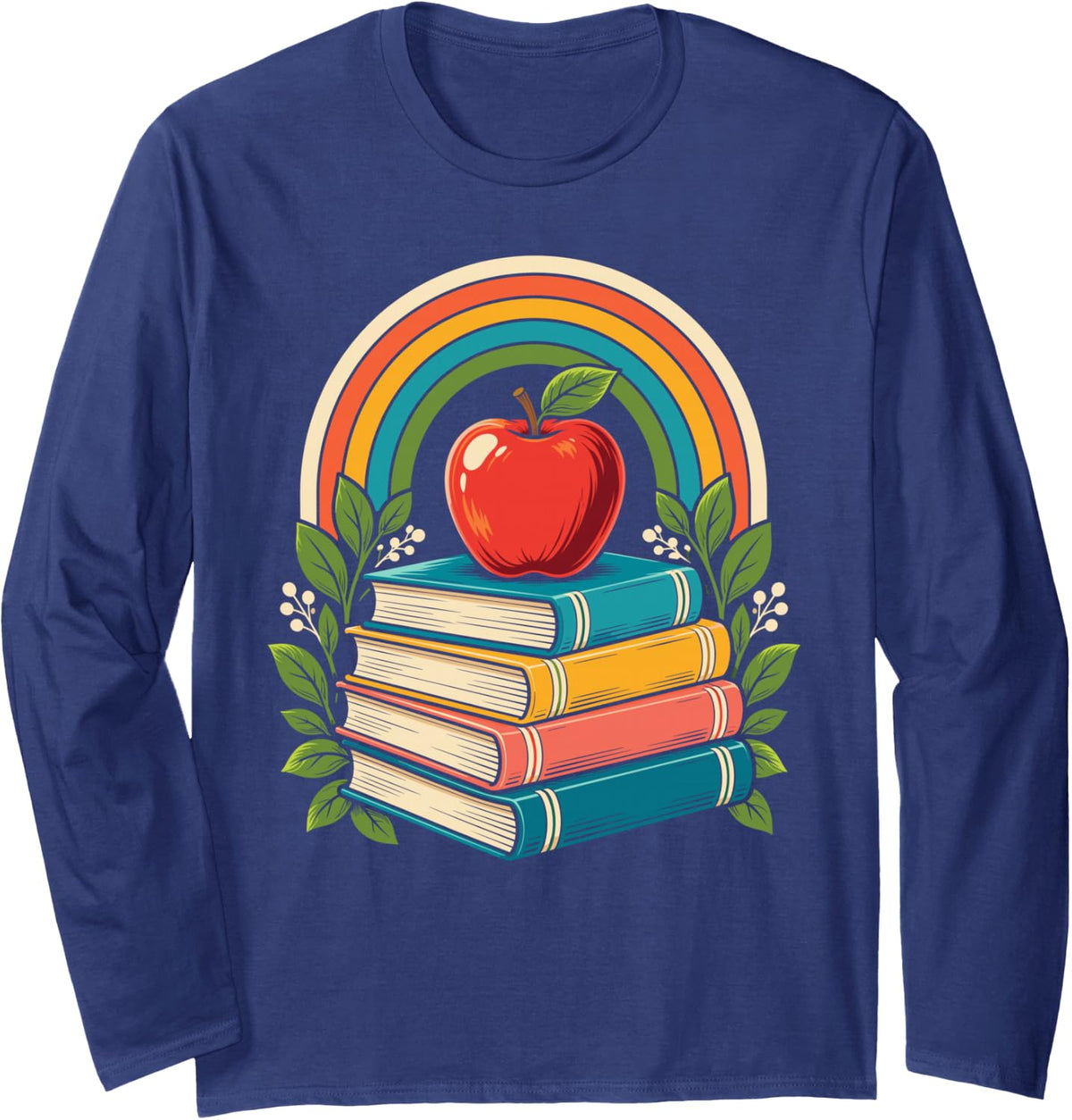 Books Apple Rainbow Teacher Elementary Educators Long Sleeve T-Shirt - Adult Unisex Navy Blue