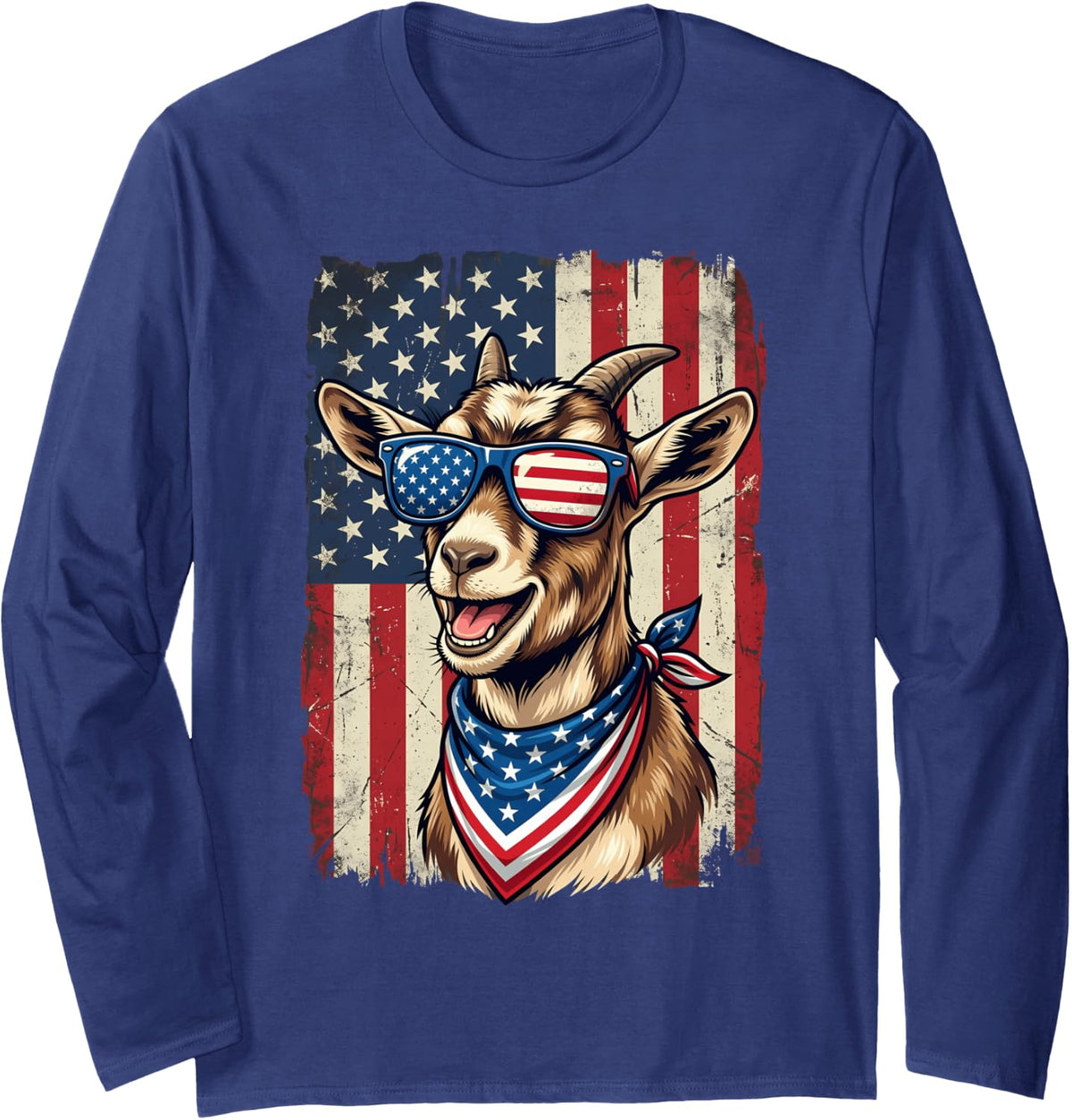 Goat Lover American Flag Cute Goat Animal 4th of July Long Sleeve T-Shirt - Adult Unisex Navy Blue