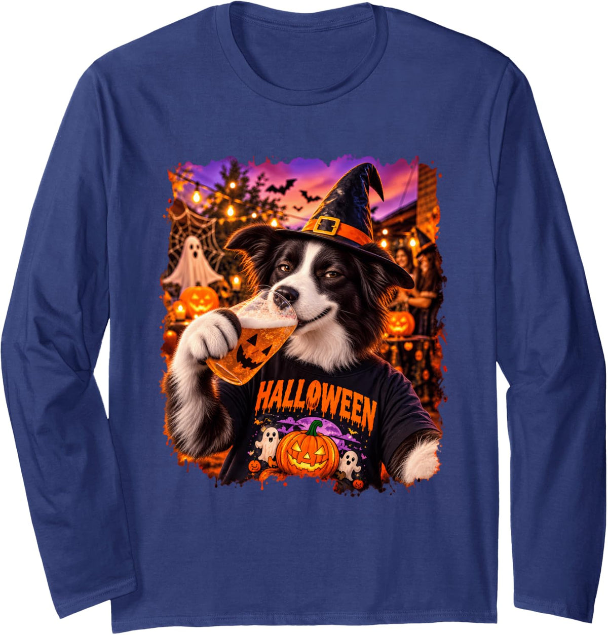 Halloween Border Collie Drinking Pumpkin Cup Funny Costume Long Sleeve T-Shirt - Adult Unisex Navy Blue