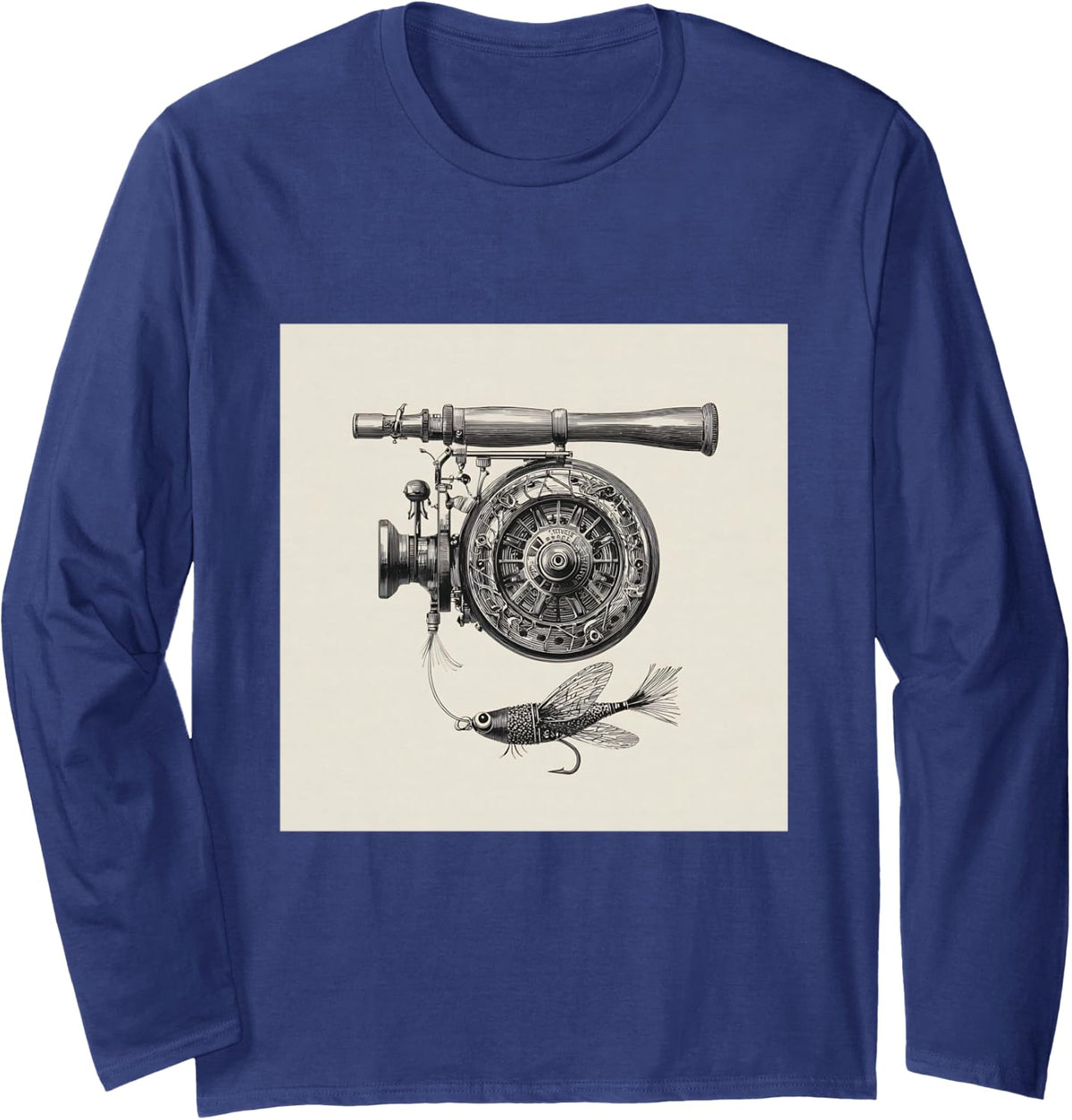 Vintage Fishing Reel Fly Fishing Rod Patent Illustration Long Sleeve T-Shirt - Adult Unisex Navy Blue